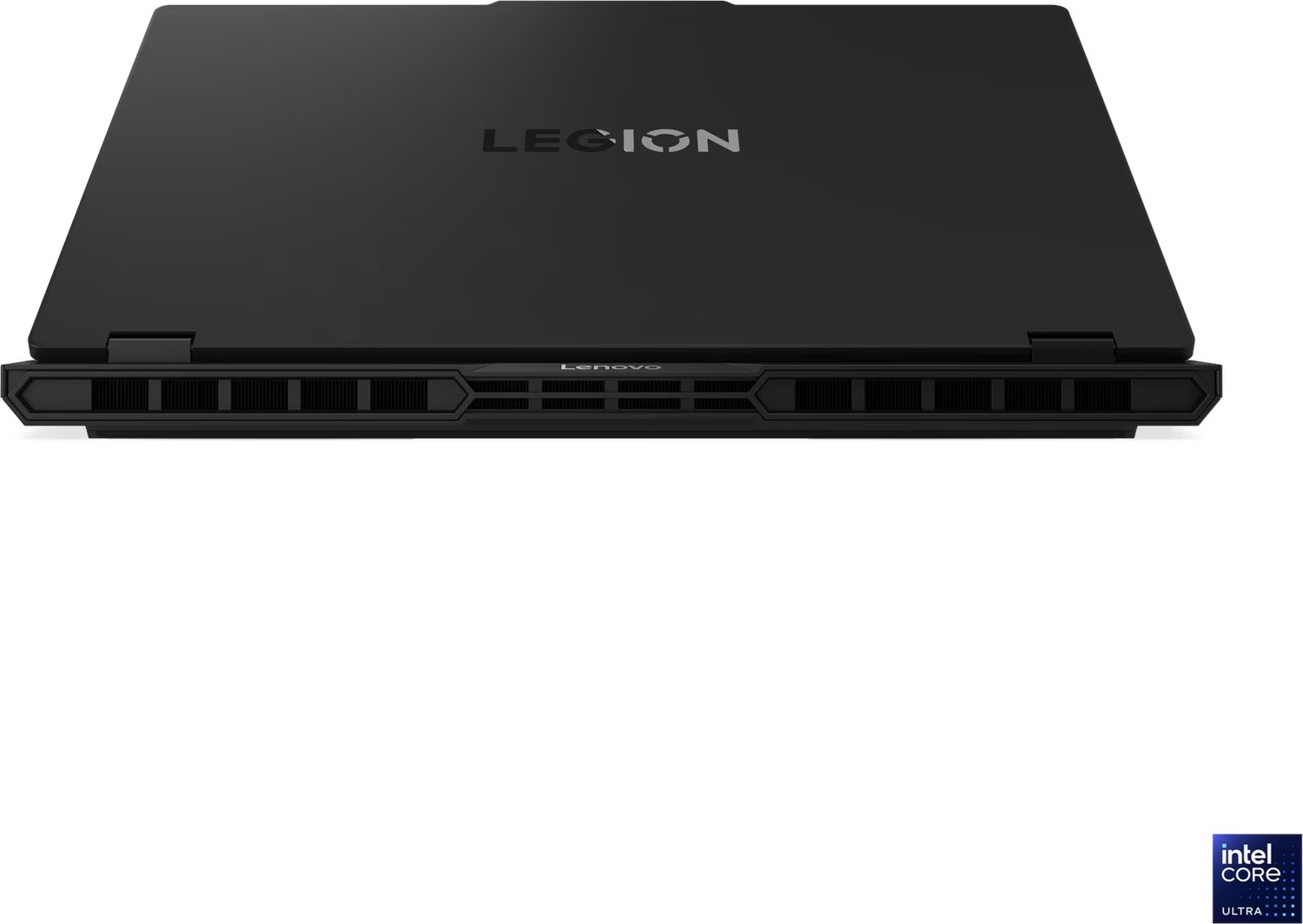 Havalandırma delikleri ve logosu görünen siyah bir Lenovo Legion dizüstü bilgisayarın arka görünümü.