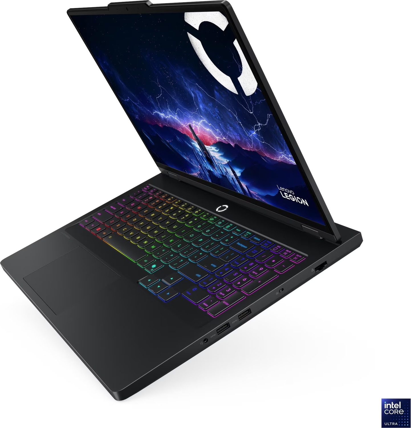 Beyaz arka planda aydınlatmalı klavyeye ve mavi ekrana sahip siyah bir Lenovo Legion dizüstü bilgisayar.
