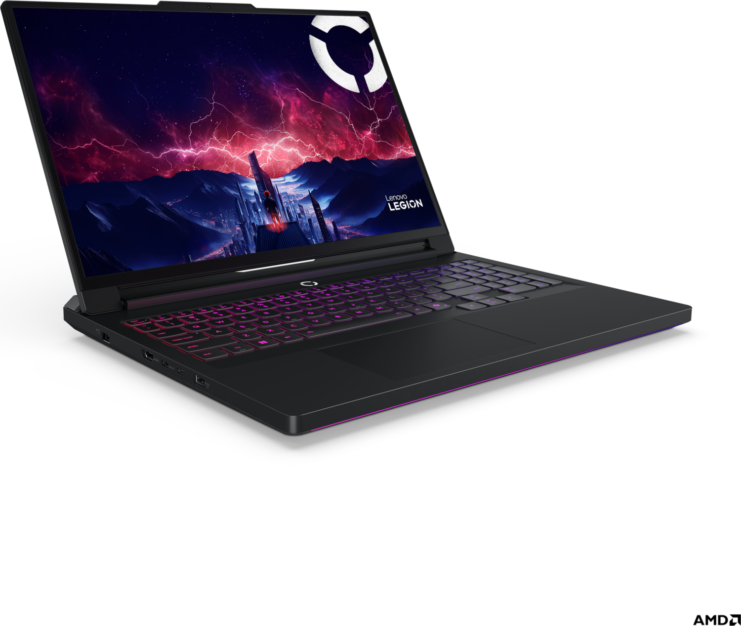 Arkadan aydınlatmalı klavyeye ve ekranda fütüristik bir duvar kağıdına sahip siyah bir Lenovo Legion dizüstü bilgisayar.