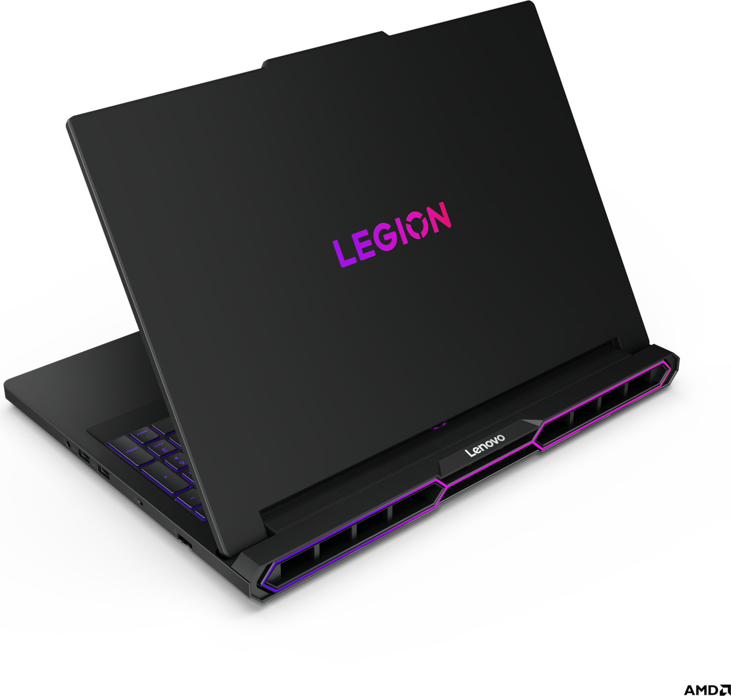 Arkada Legion logosu ve parlayan pembe aksanlara sahip siyah bir Lenovo Legion oyun dizüstü bilgisayarı.