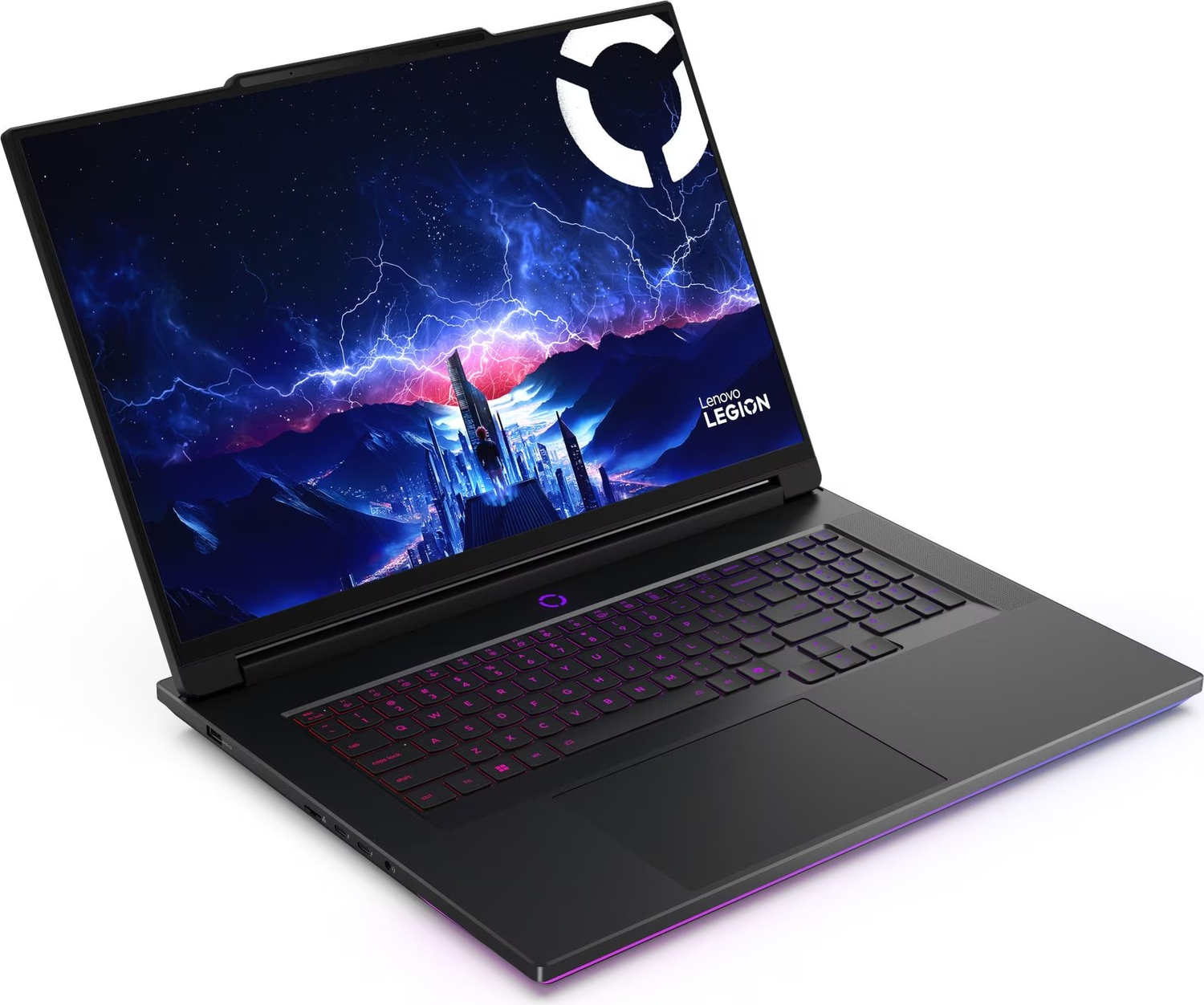 Arkadan aydınlatmalı klavyeye ve neon mavi fırtına sahnesi gösteren ekrana sahip siyah bir Lenovo Legion dizüstü bilgisayar.