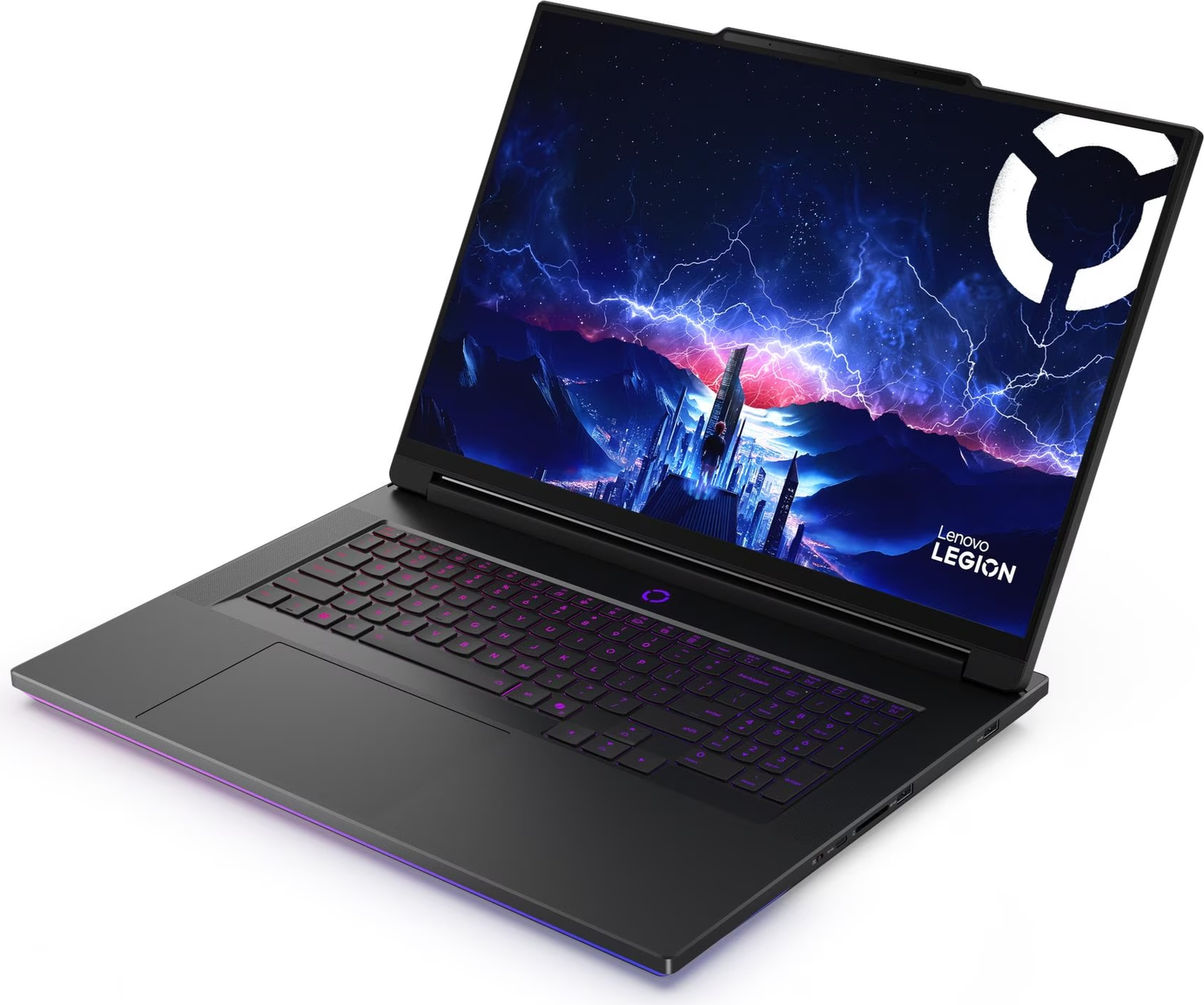 Arkadan aydınlatmalı klavyeye ve şehir manzaralı ekrana sahip siyah Lenovo Legion oyun dizüstü bilgisayarı.