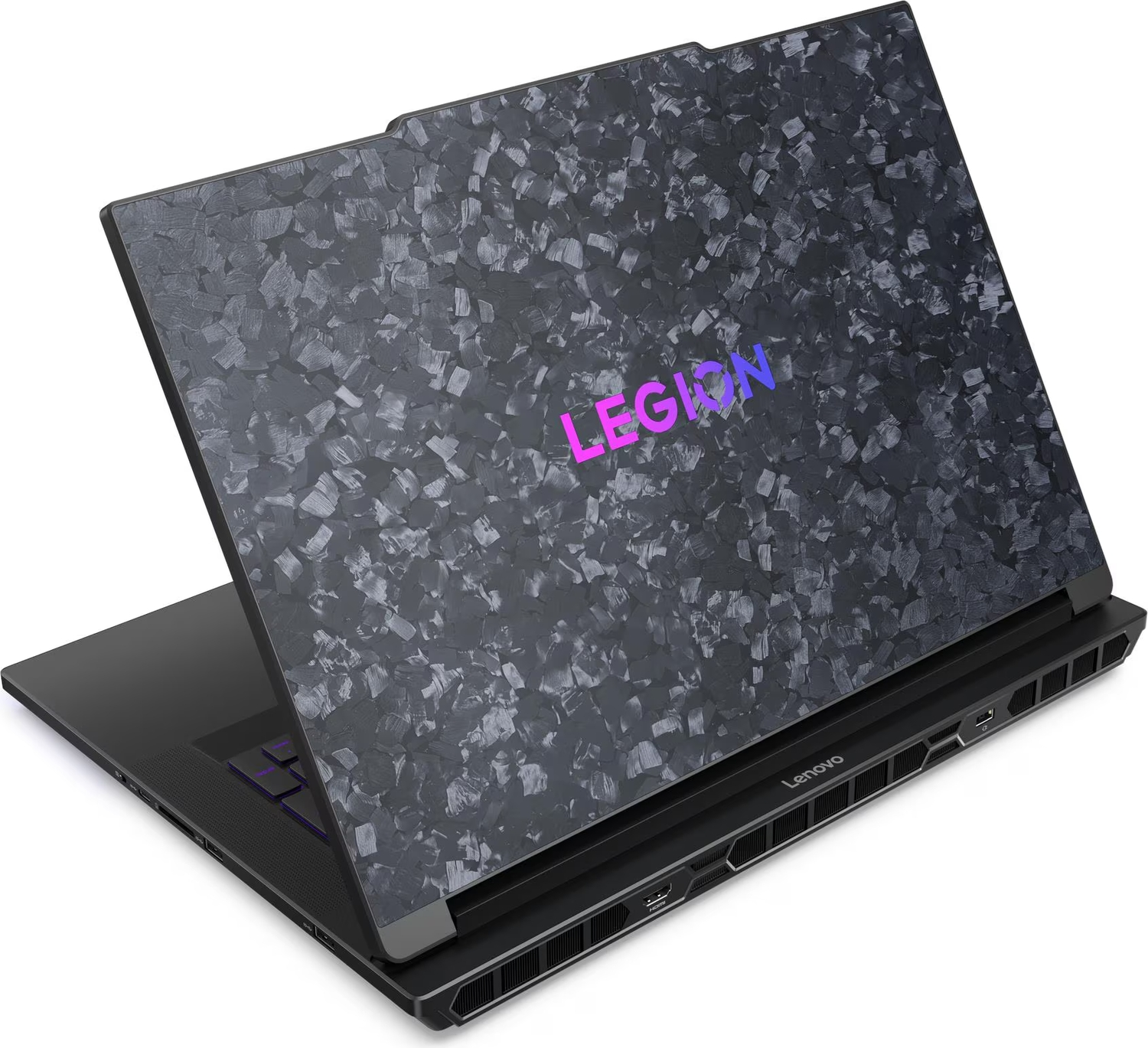 Koyu gri dokulu mermer görünümlü kapaklı ve mor Legion logolu açık bir Lenovo Legion dizüstü bilgisayar.