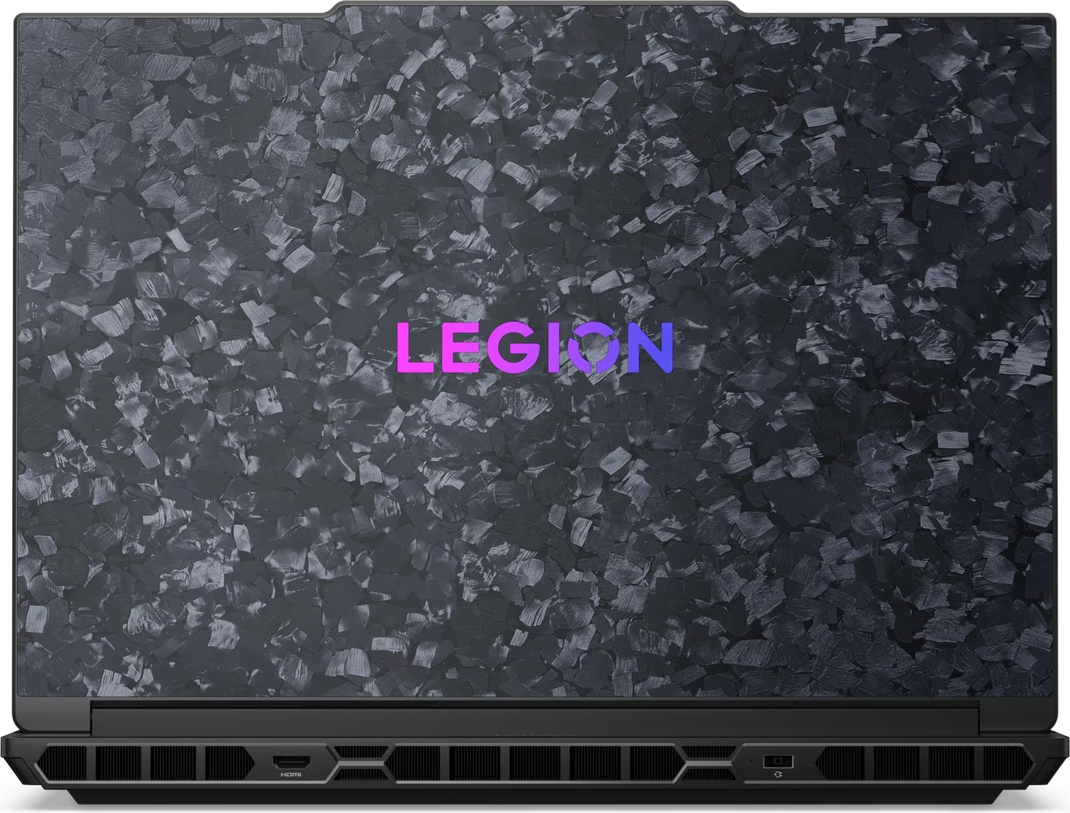 Dövme karbon dokulu ve ortasında renkli LEGION logosu olan laptop kapağı.