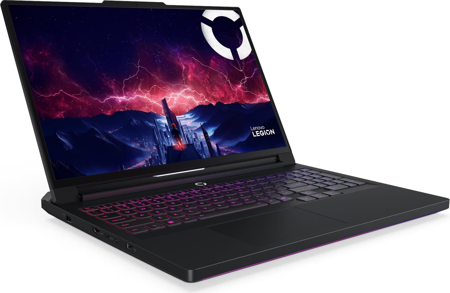 Aydınlatmalı klavyeye ve fütüristik ekran duvar kağıdına sahip siyah bir Lenovo Legion dizüstü bilgisayar.