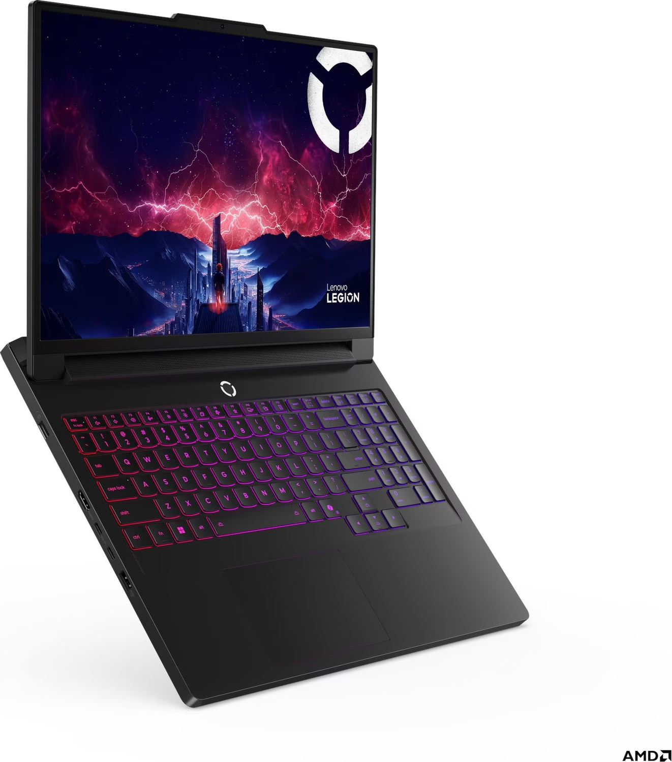 Arka aydınlatmalı klavyeye ve şehir gösteren ekrana sahip siyah bir Lenovo Legion oyuncu dizüstü bilgisayarı.