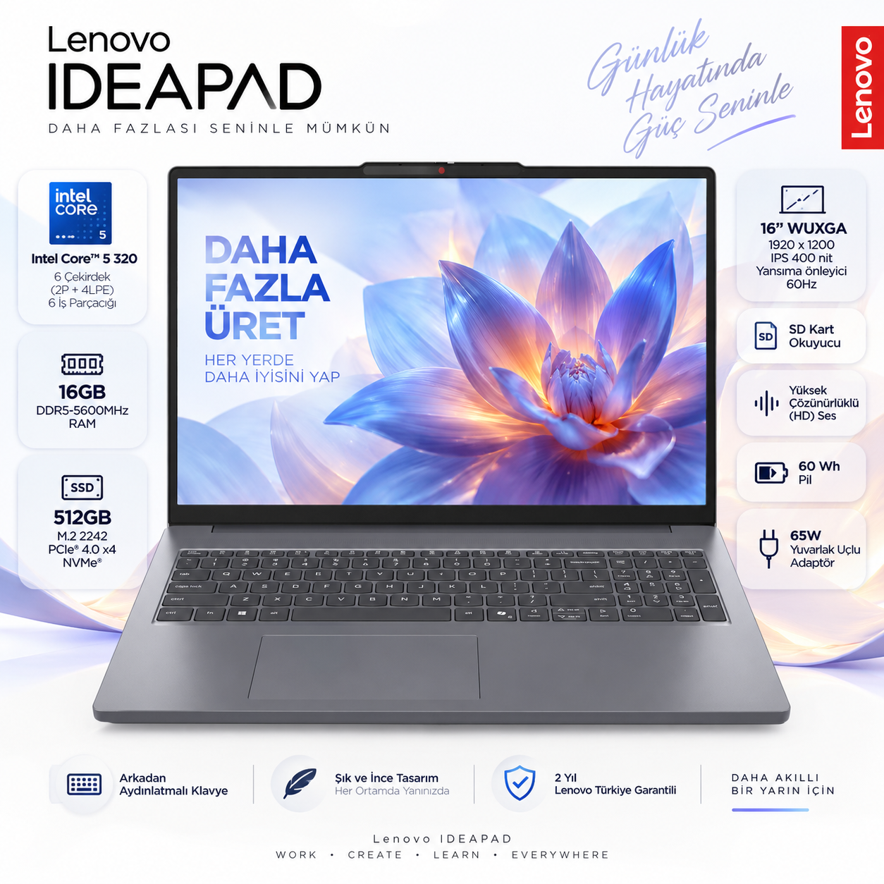 Ekranında mavi çiçek duvar kağıdı olan ve özellikleri listelenen bir Lenovo IdeaPad dizüstü bilgisayar.