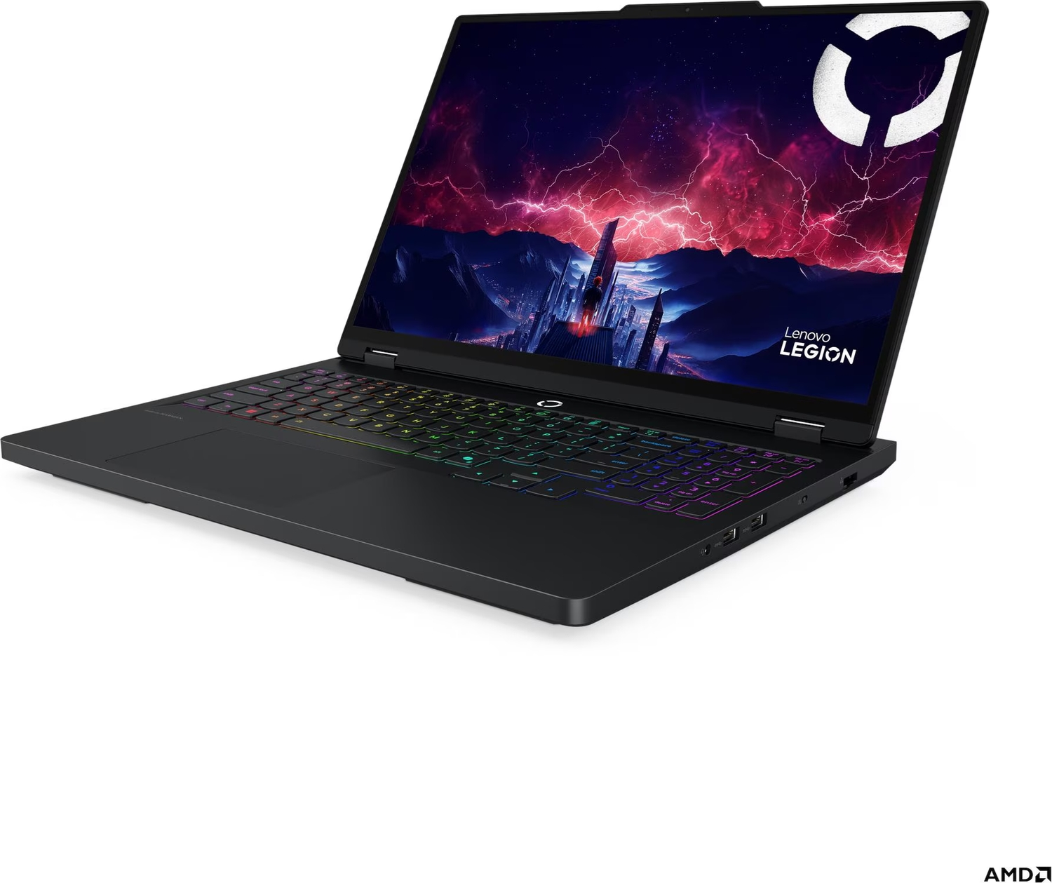 RGB klavyeye ve renkli ekran duvar kağıdına sahip siyah bir Lenovo Legion oyun dizüstü bilgisayarı.