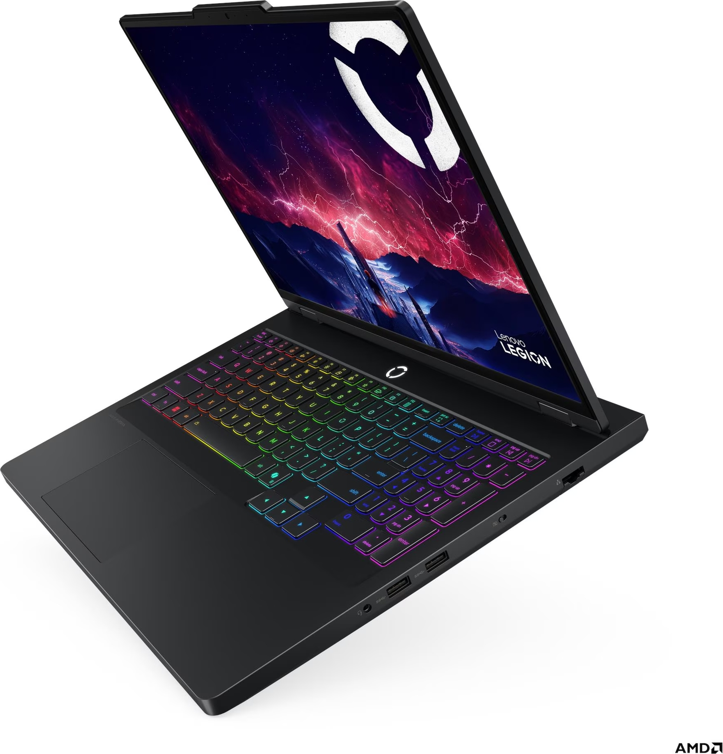 Beyaz arkaplanda RGB arkadan aydınlatmalı klavyeye ve renkli ekrana sahip siyah bir Lenovo Legion dizüstü bilgisayar.