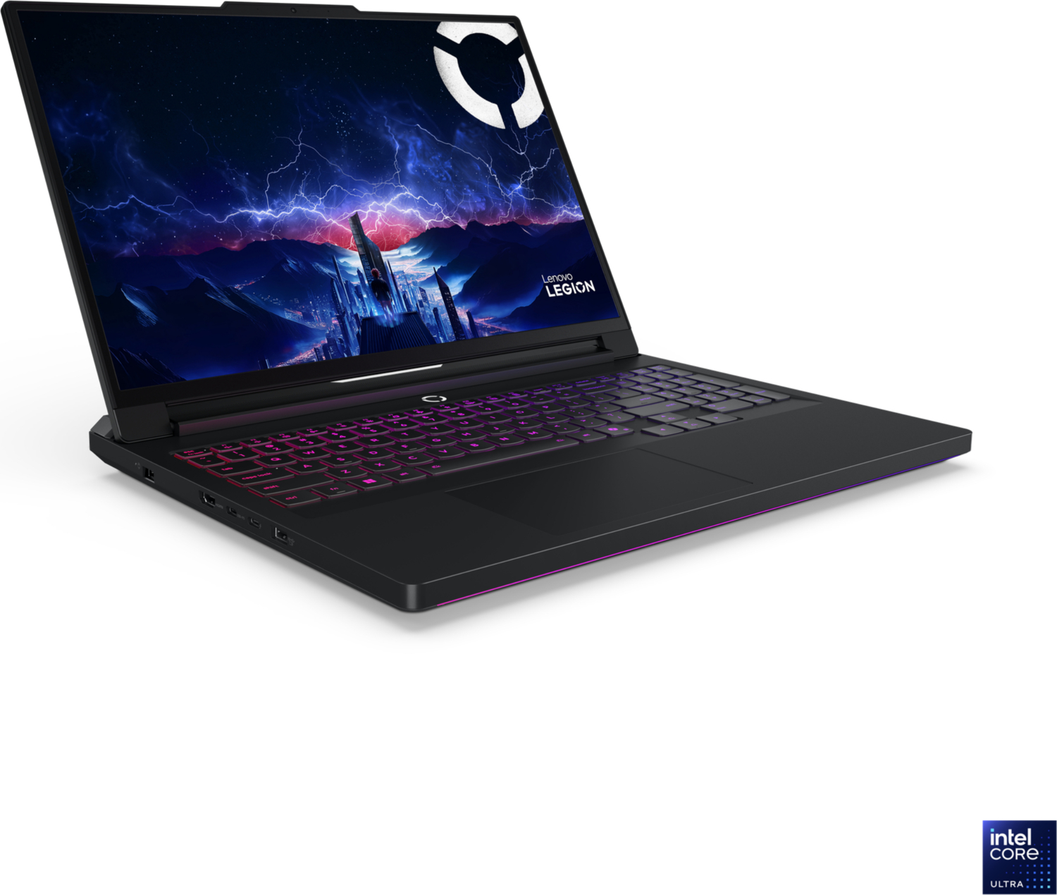 Beyaz arkaplanda, arkadan aydınlatmalı klavyeye ve fütüristik şehir duvar kağıdına sahip siyah bir Lenovo Legion dizüstü bilgisayar.