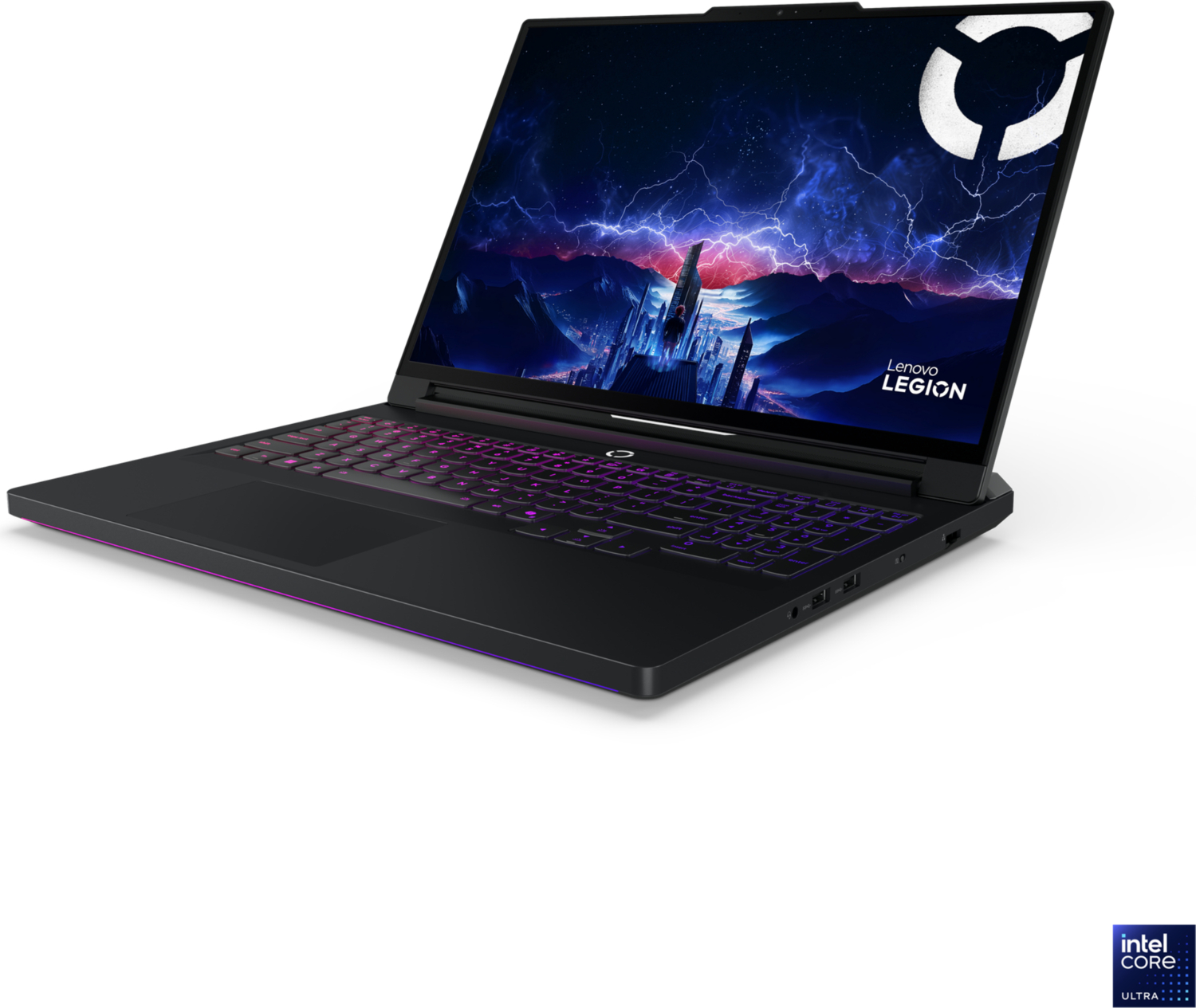 Arkadan aydınlatmalı klavyeye ve fütüristik duvar kağıdına sahip siyah Lenovo Legion dizüstü bilgisayar.