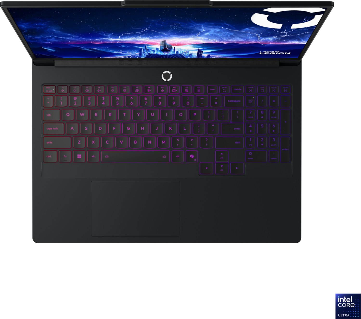 Arkadan aydınlatmalı klavyeye ve şehir gösteren ekrana sahip siyah bir Lenovo Legion dizüstü bilgisayar.