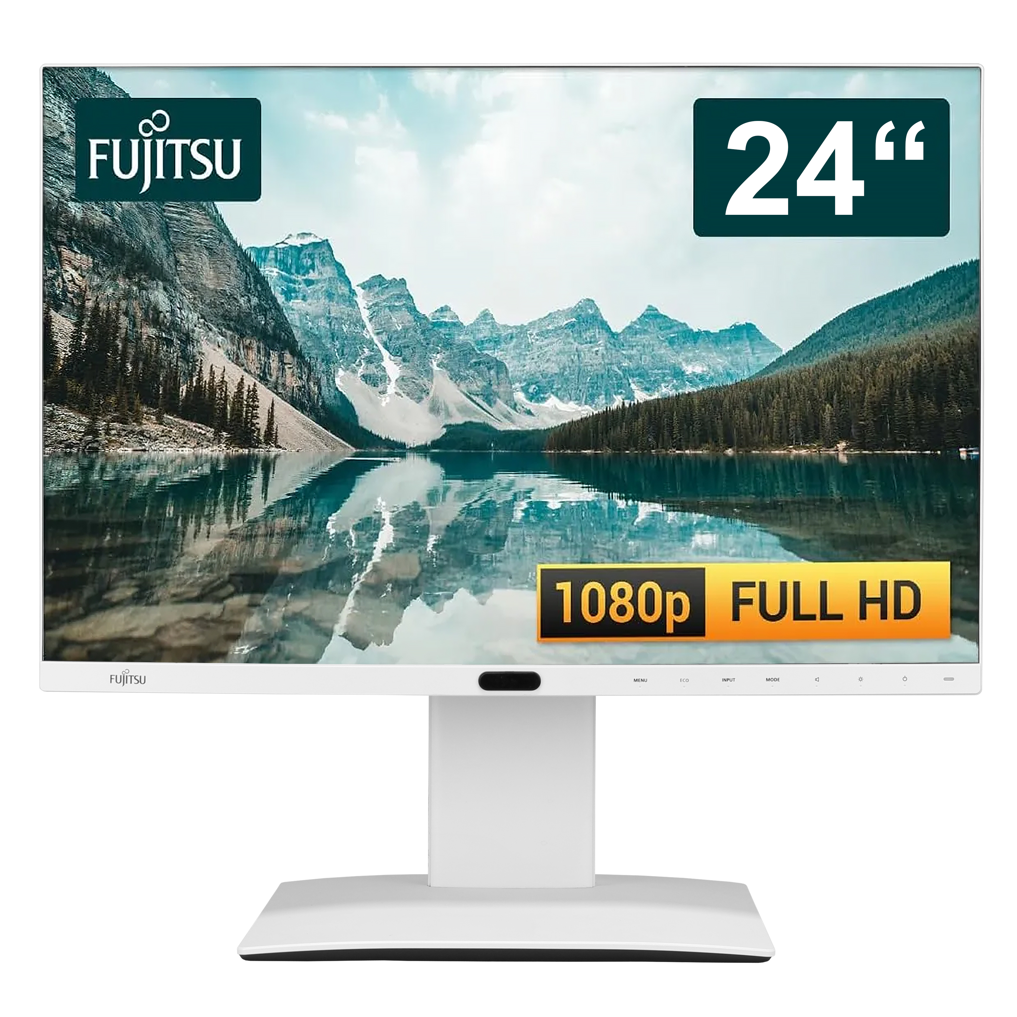 Ein weißer Fujitsu 24-Zoll-Monitor zeigt eine Berglandschaft und den Text 1080p FULL HD.