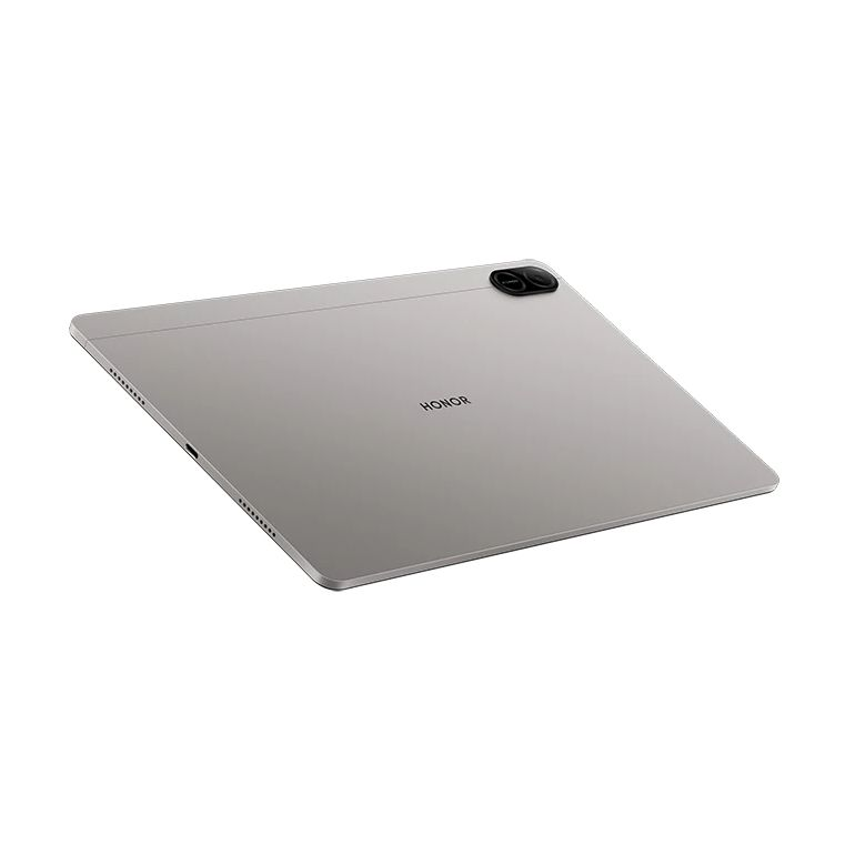 Srebrny tablet Honor widziany od tyłu, z podwójnym aparatem i logo na białym tle.
