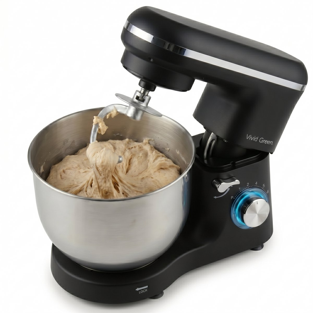 A black stand mixer with a stainless steel bowl filled with dough against a white background.
