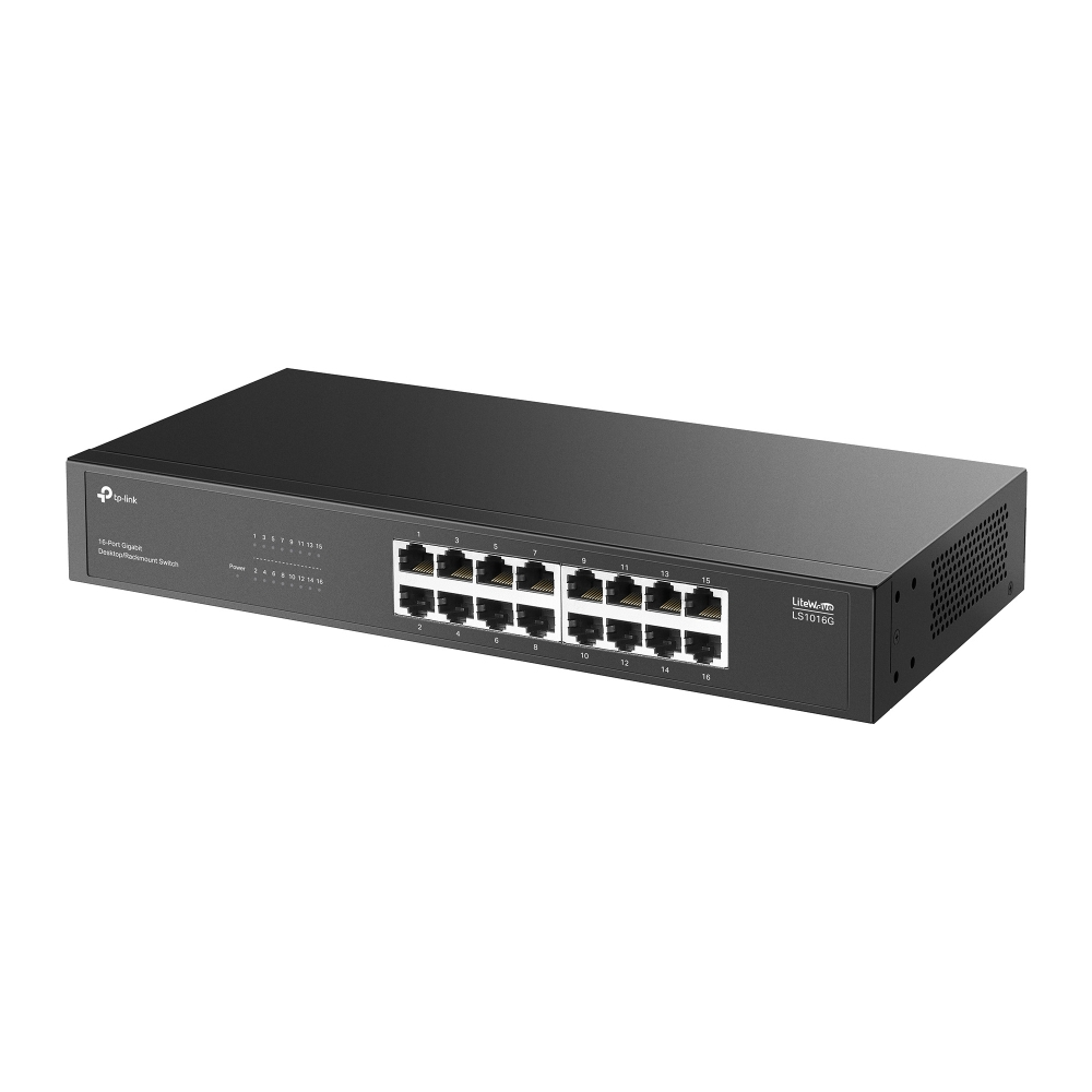 Ön yüzünde numaralandırılmış ethernet portları bulunan siyah TP-Link 16 portlu gigabit anahtar, beyaz arka planda.