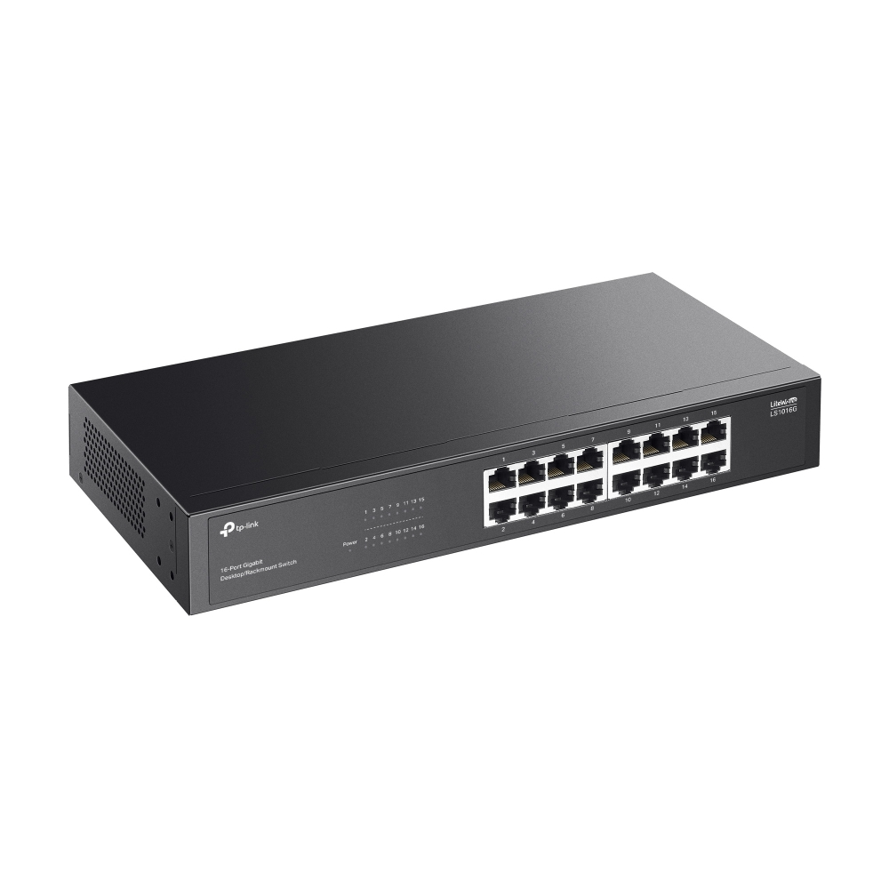 Beyaz arkaplanda siyah TP-Link 16 portlu gigabit ağ anahtarı.