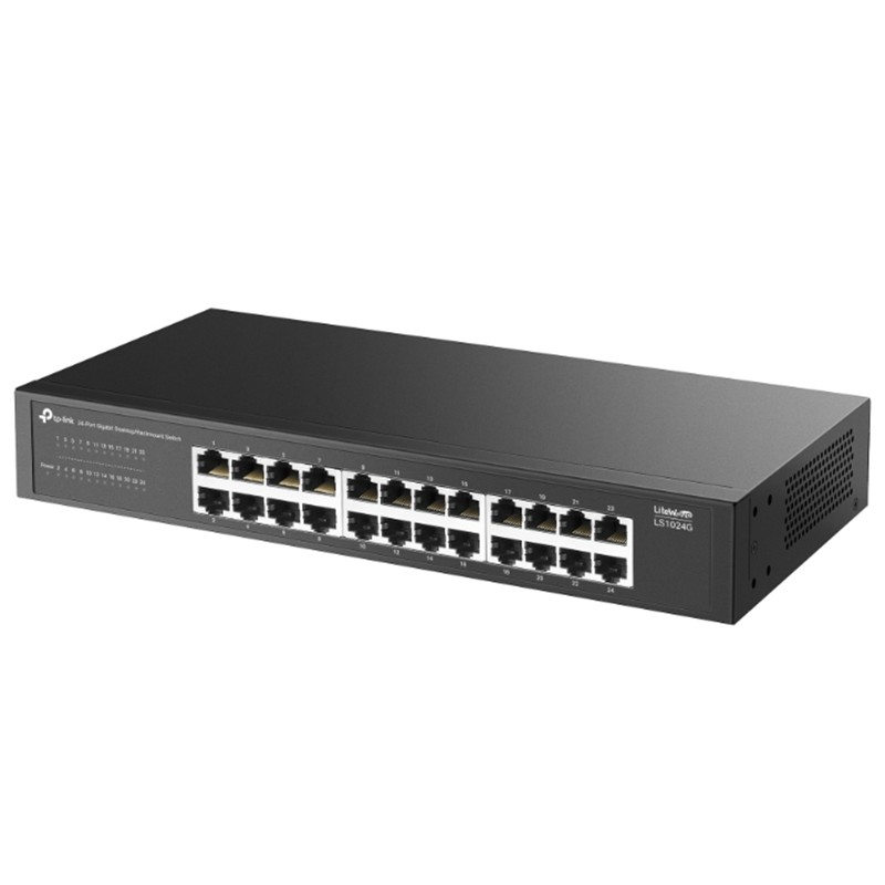 Beyaz arka planda siyah renkli TP-Link 24 portlu Gigabit ağ anahtarı.