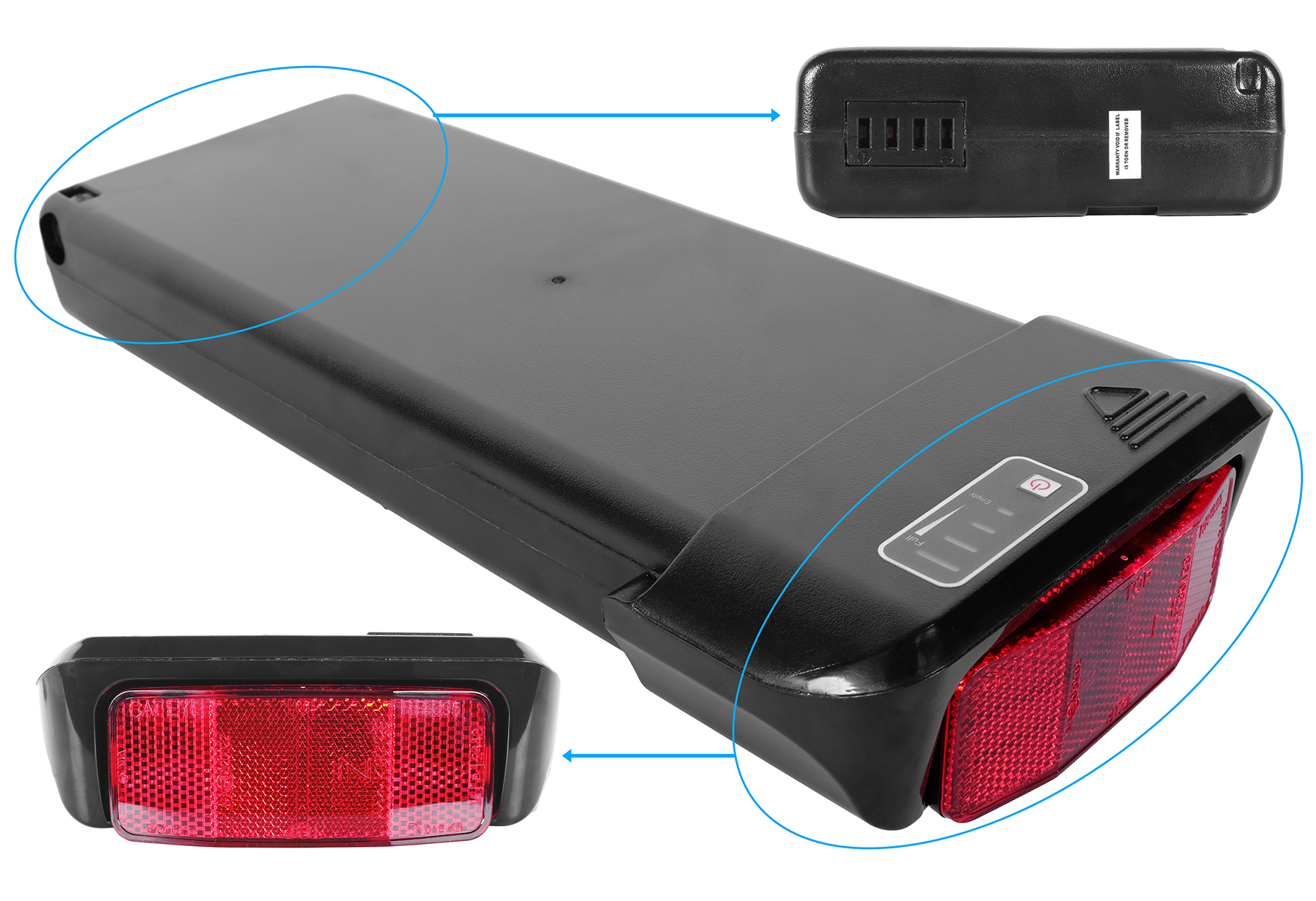Schwarzer E-Bike-Akku mit rotem Rücklicht und Anschlussdetails auf weißem Hintergrund.