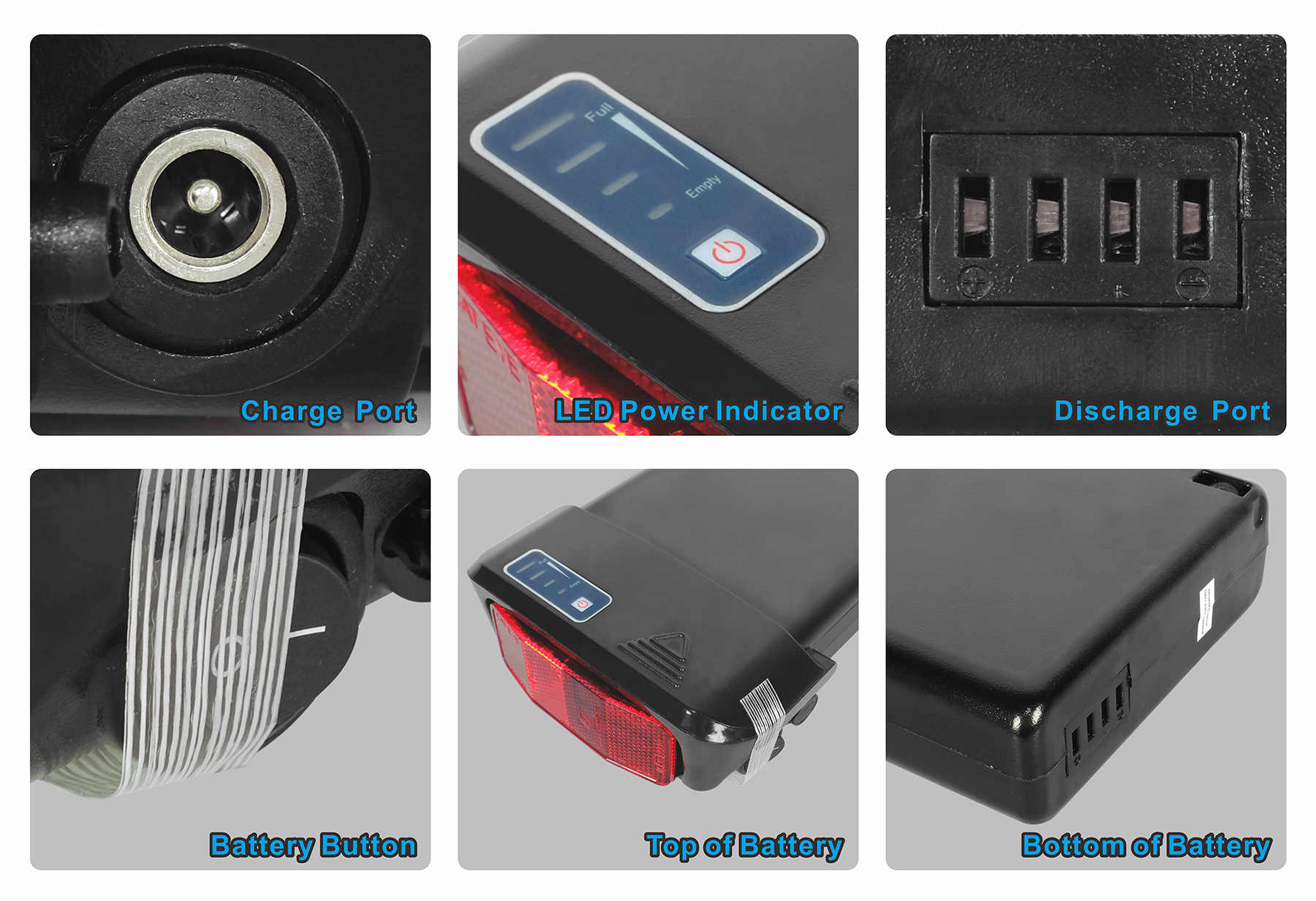 Sechs Detailaufnahmen eines E-Bike-Akkus mit Ladeanschluss, LED-Anzeige, Entladeanschluss, Knopf und Gehäuse.