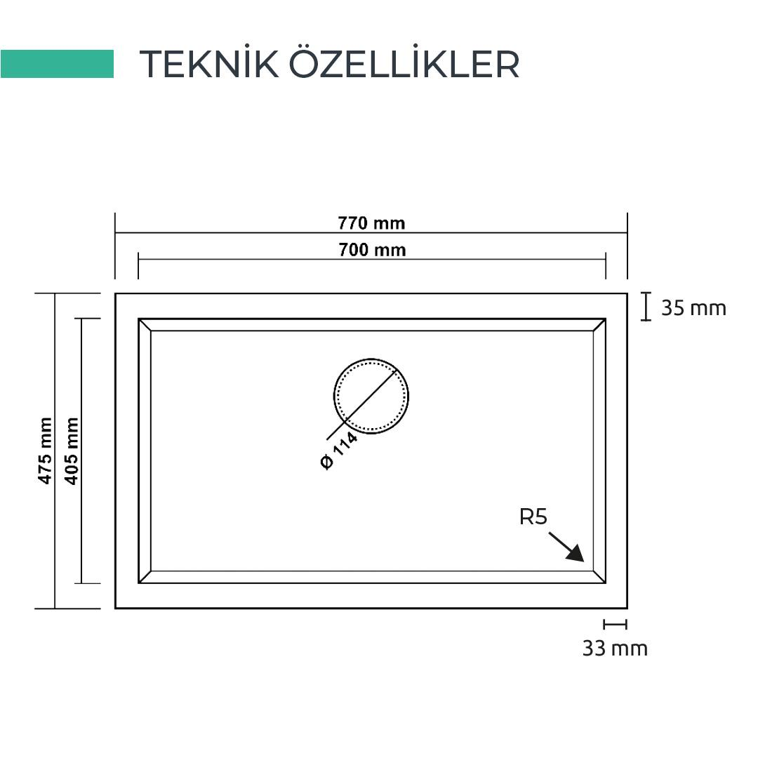 770x475 mm ölçülerinde dikdörtgen evyenin teknik çizimi.