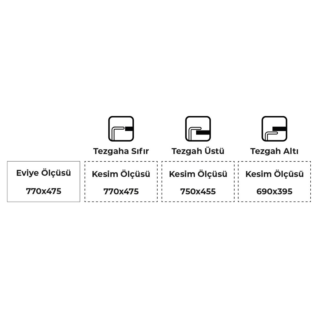 Diyagram, tezgah sıfır, tezgah üstü ve tezgah altı montaj türleri ile eviye ölçülerini gösterir.