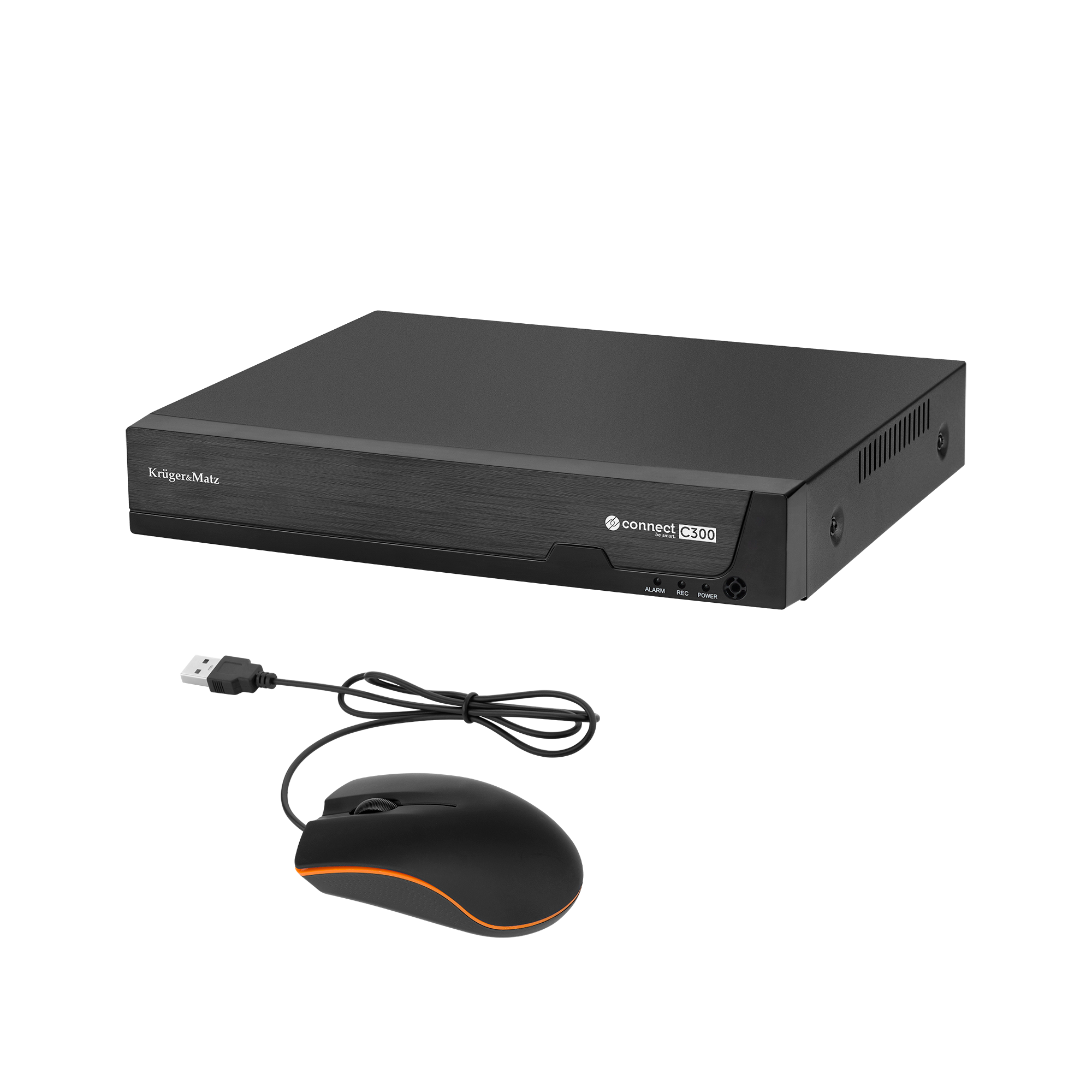 Czarny rejestrator DVR Krüger&Matz Connect C300 i czarna mysz komputerowa z kablem.