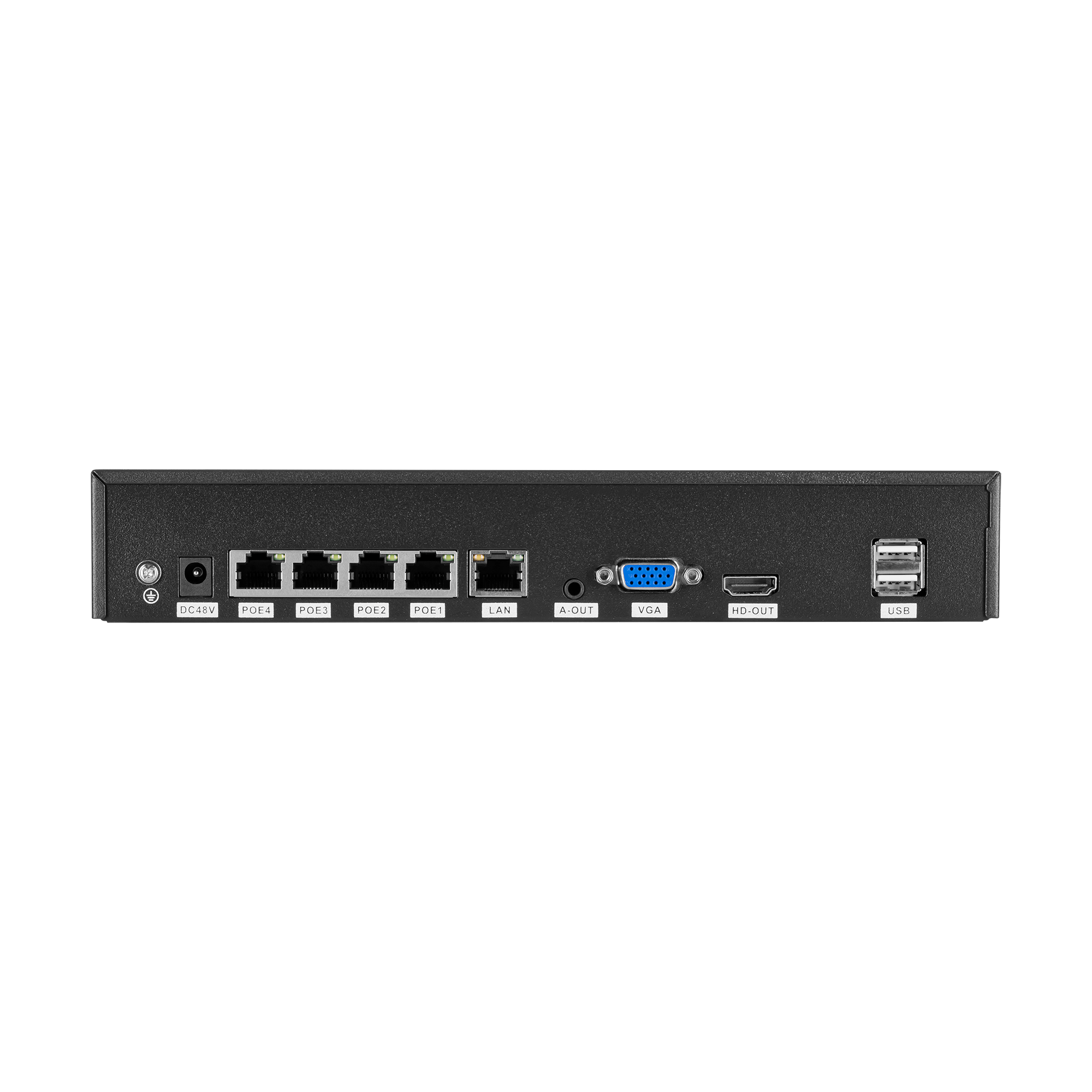Tylny panel czarnego urządzenia elektronicznego z portami DC48V, PoE, LAN, audio, VGA, HDMI i USB.