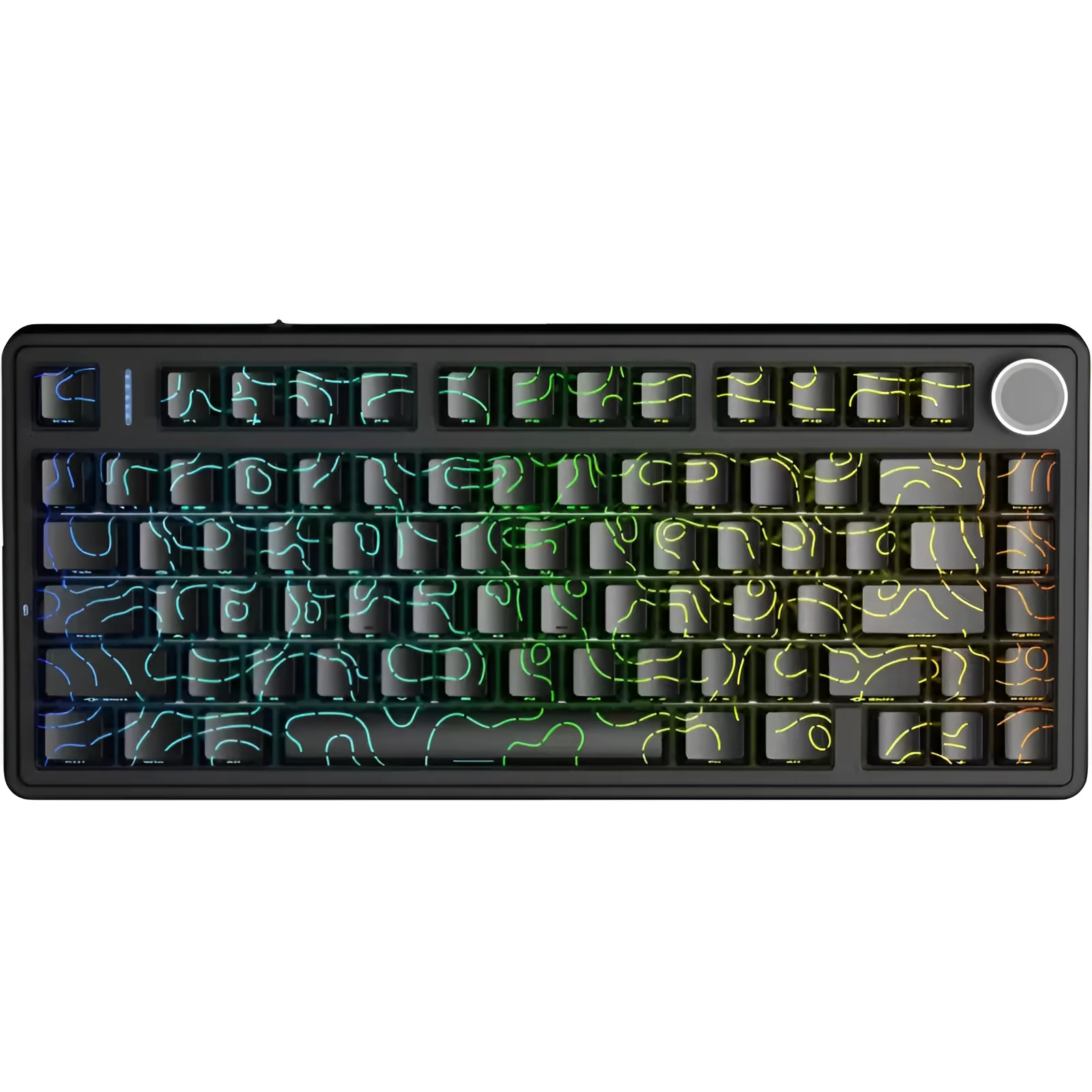 Czarna klawiatura mechaniczna z podświetleniem RGB i okrągłym pokrętłem w prawym górnym rogu.