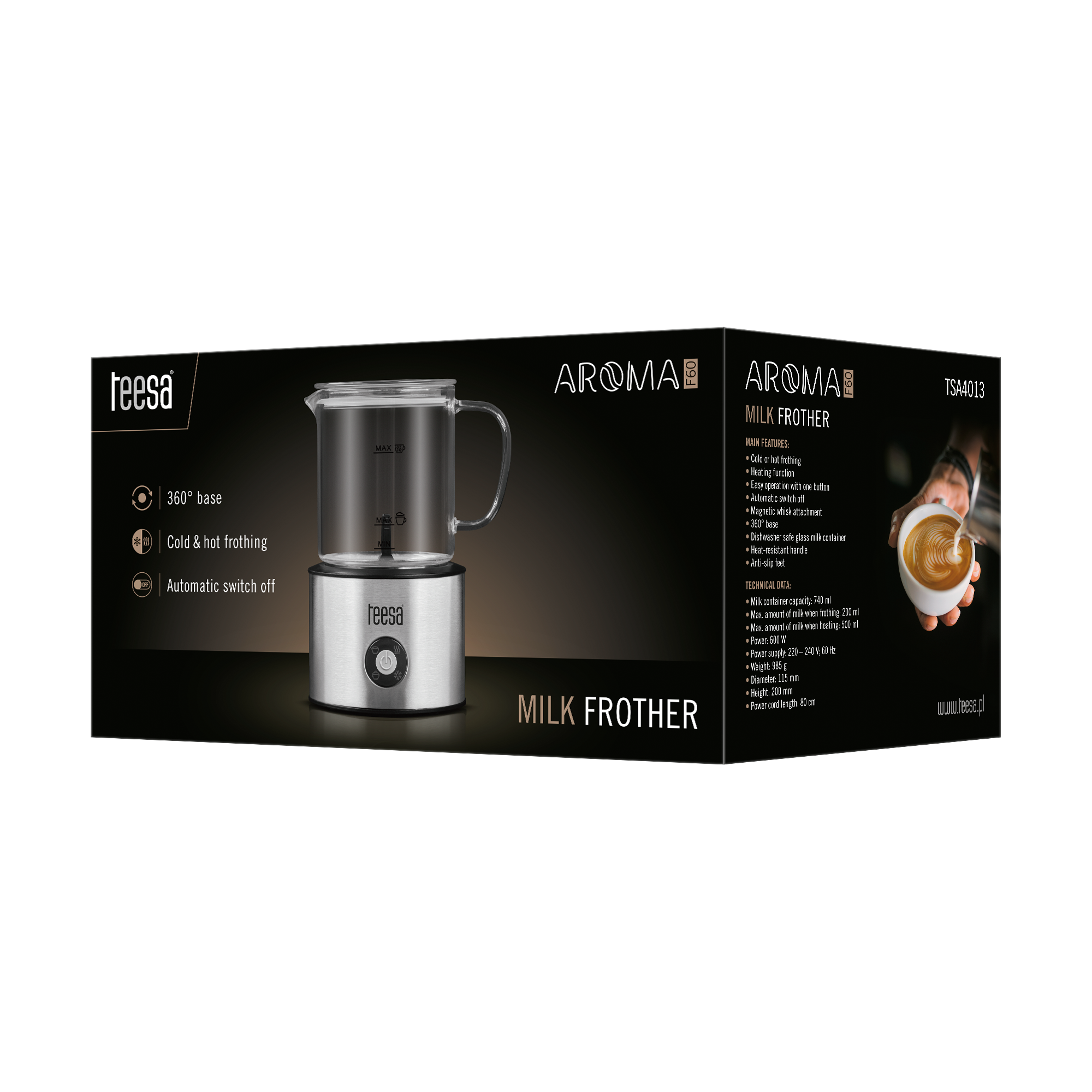 Opakowanie spieniacza do mleka Teesa Aroma F60 ze zdjęciem produktu, cechami i specyfikacją.