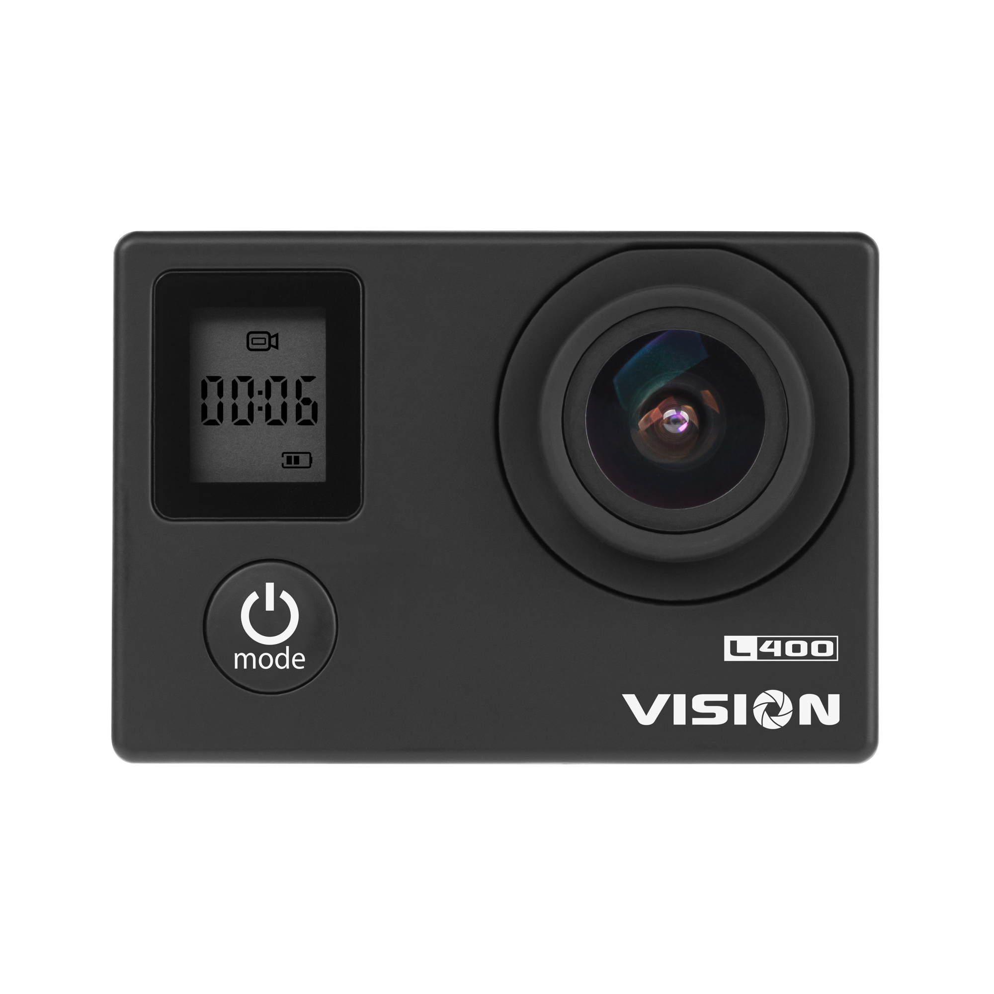Czarna kamera sportowa Vision L400 z obiektywem, małym wyświetlaczem monochromatycznym i przyciskiem trybu.