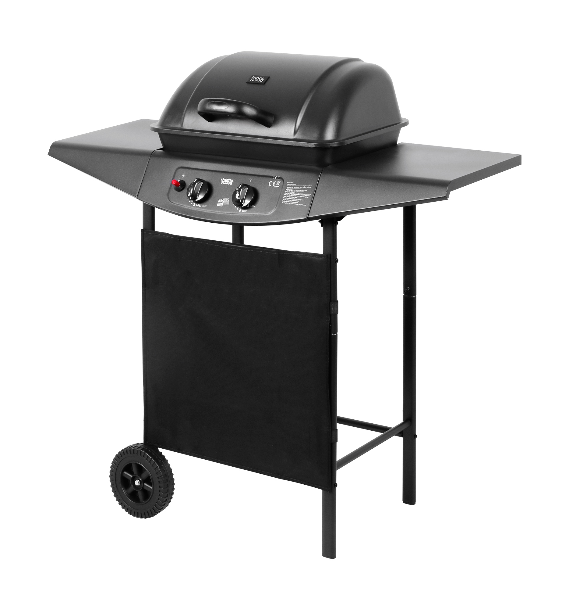 Czarny grill gazowy z półkami, dwoma pokrętłami, zamkniętą pokrywą, tkaninowym panelem i jednym kołem po lewej.
