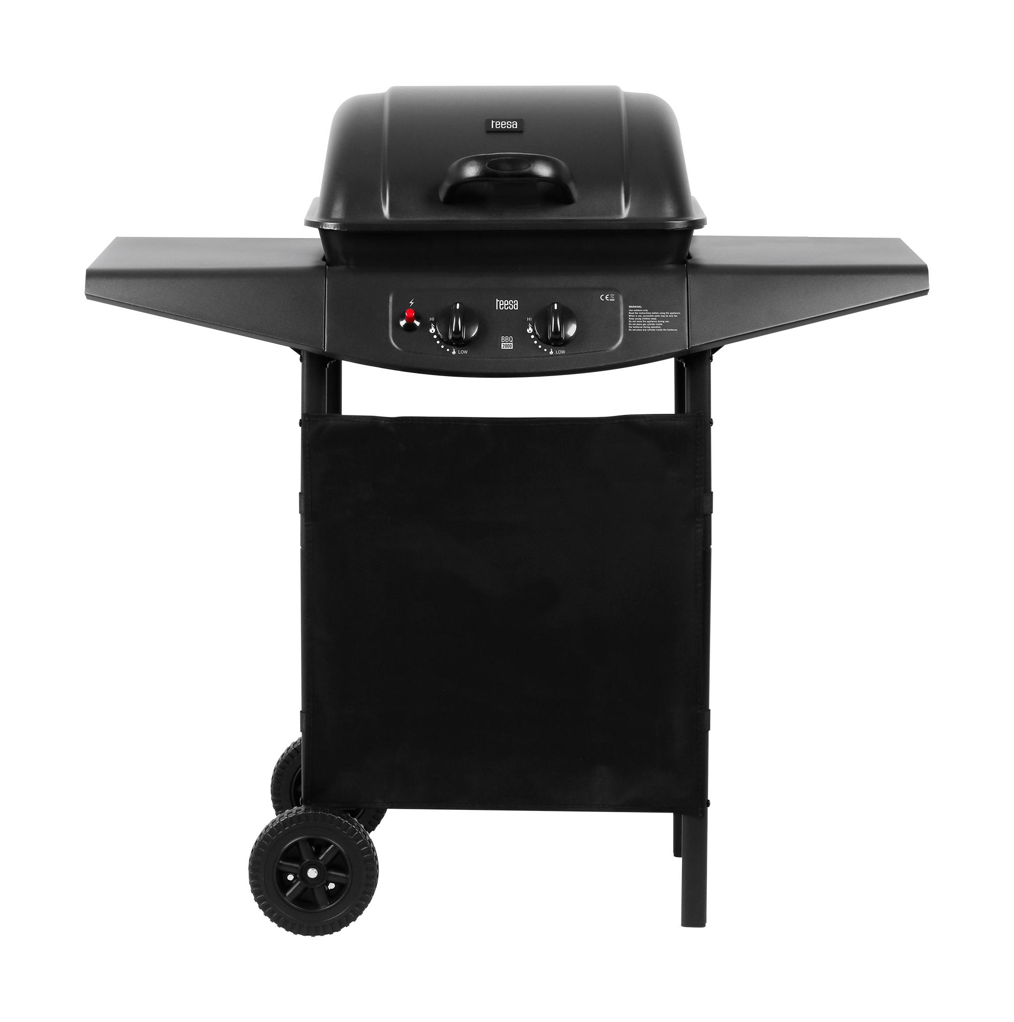 Czarny grill gazowy Reesa z dwiema półkami bocznymi, zamkniętą pokrywą i kółkami na czarnym tle.