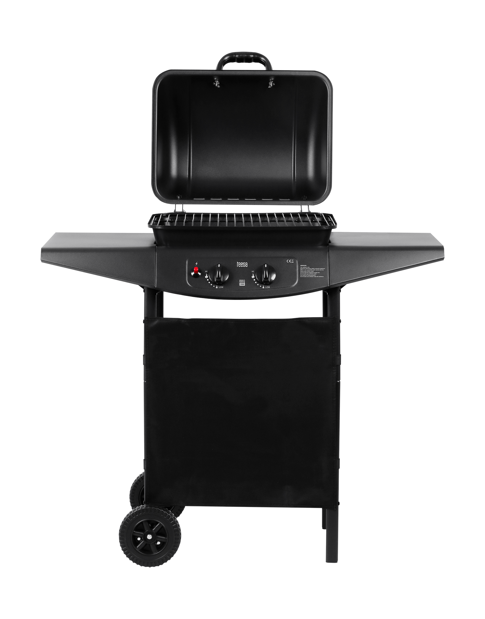Czarny grill gazowy z otwartą pokrywą, dwiema półkami bocznymi, pokrętłami i kółkami na czarnym tle.