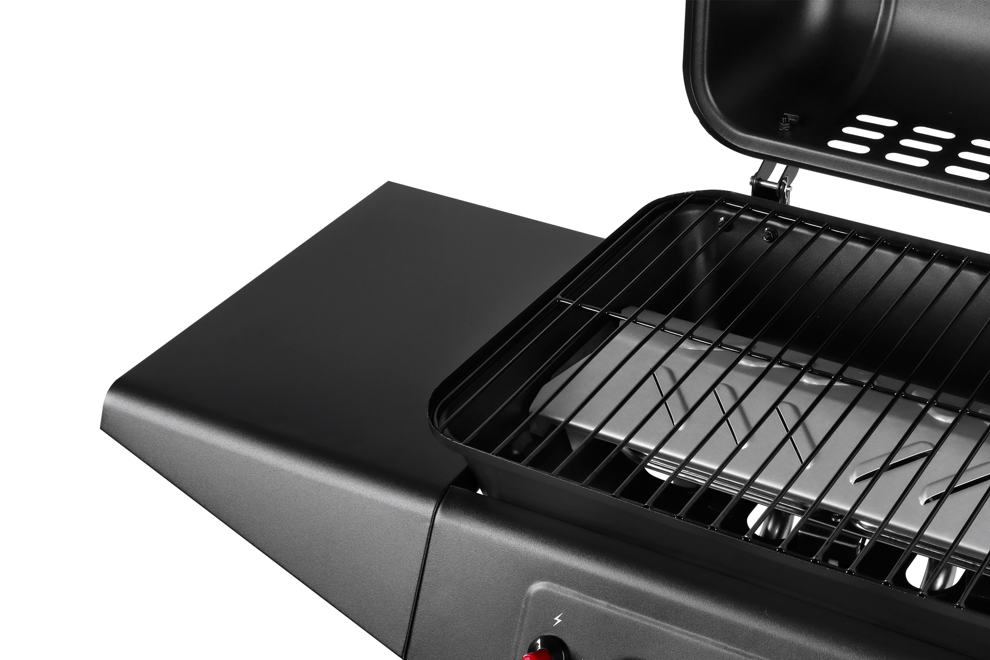 Czarny grill elektryczny z otwartą pokrywą i półką boczną na ciemnym tle.