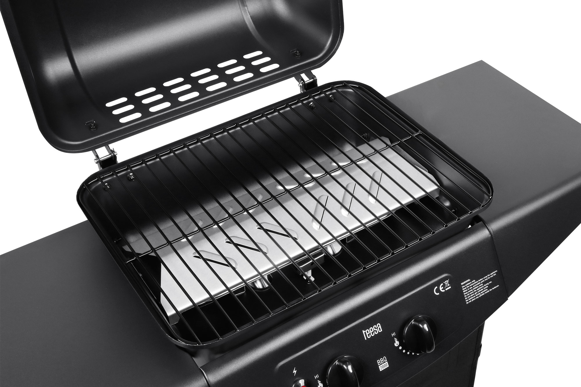 Otwarty czarny grill gazowy z osłoną palnika i pokrętłami sterującymi.