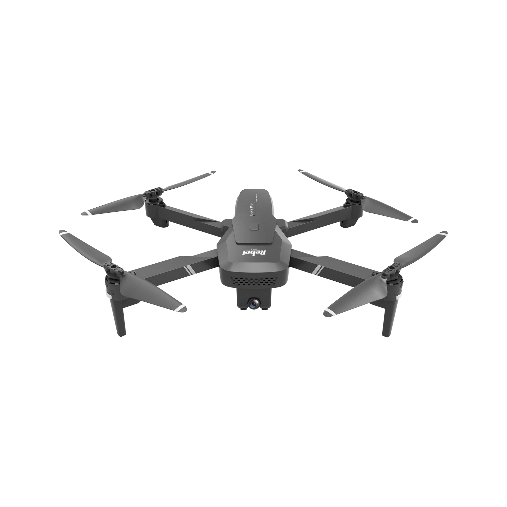 Czarny dron typu quadcopter z czterema śmigłami i kamerą na czarnym tle.