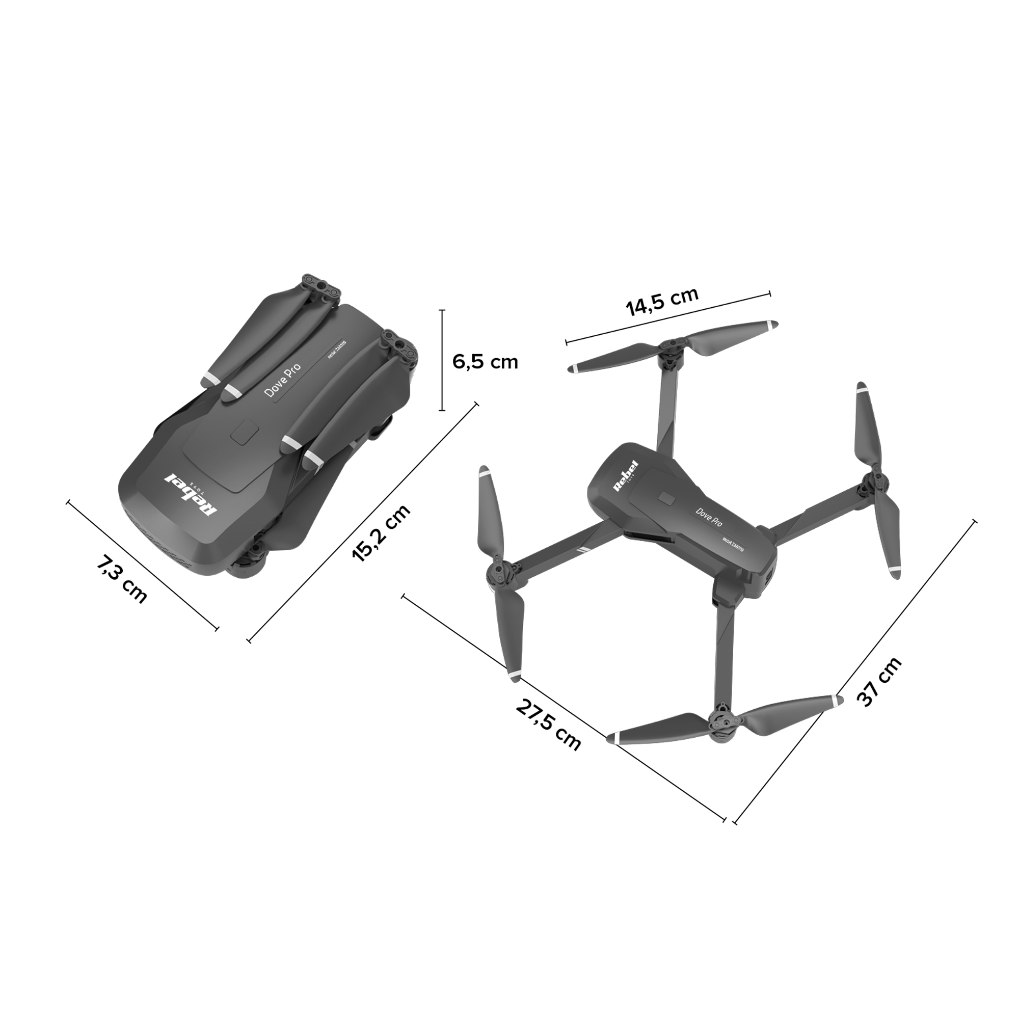Czarny dron Rebel Dove Pro, pokazany złożony po lewej i rozłożony z czterema rotorami po prawej, na czarnym tle.