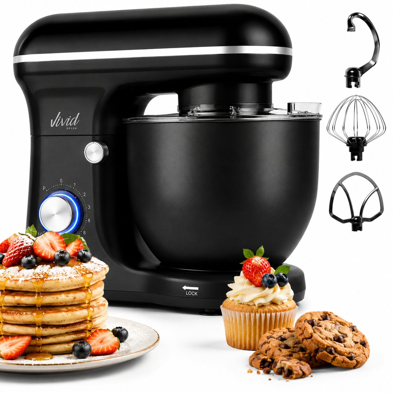 Black stand mixer with bowl and attachments, flanked by pancakes, cupcake, and cookies.