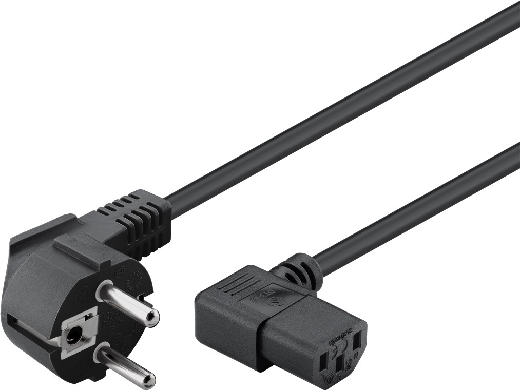 Cable de alimentación negro con enchufe europeo en ángulo y conector C13 en el otro extremo.