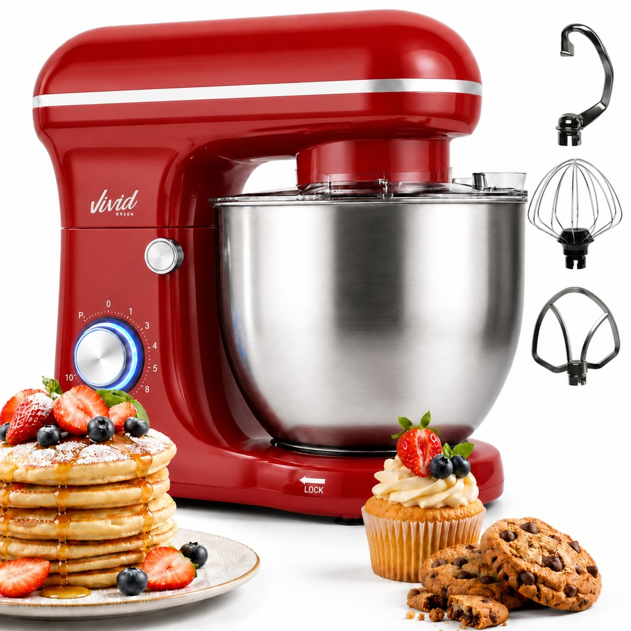 Red stand mixer with bowl, pancakes, cupcake, cookies, and three attachments.