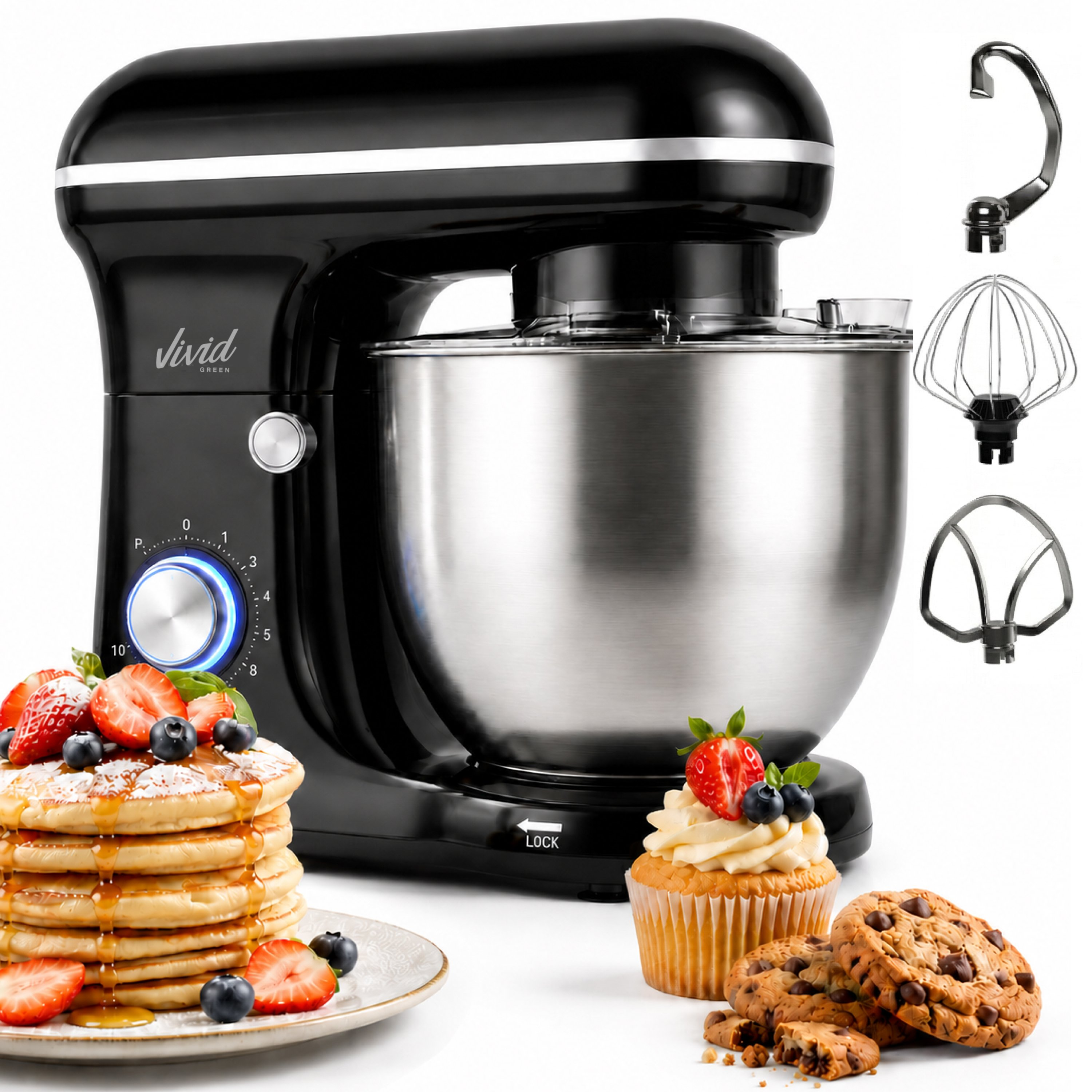 Black stand mixer with stainless steel bowl, pancakes, cupcake, cookies, and three attachments on a white background.