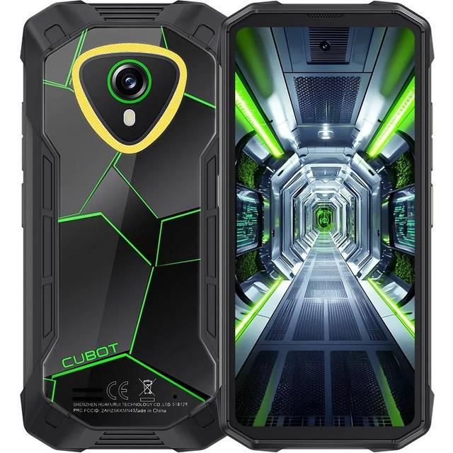 Smartphone rugged Cubot con retro nero e verde e sfondo di un corridoio futurista sullo schermo.