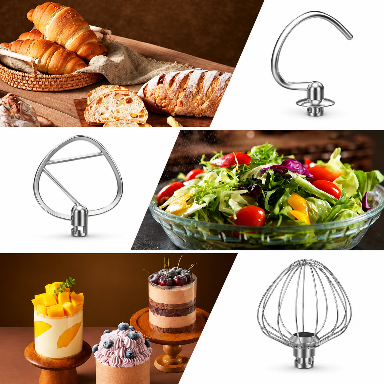 Eine Collage aus verschiedenen Lebensmitteln und Küchengeräten wie Teighaken, Salat und Kuchen.