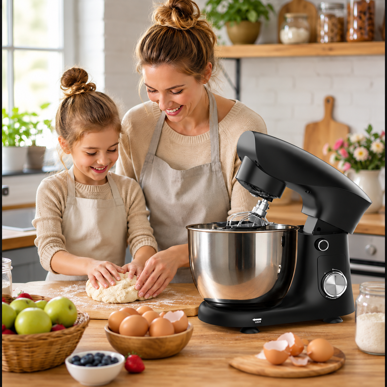 Mutter und Tochter kneten Teig in einer Küche neben einer schwarzen Küchenmaschine.