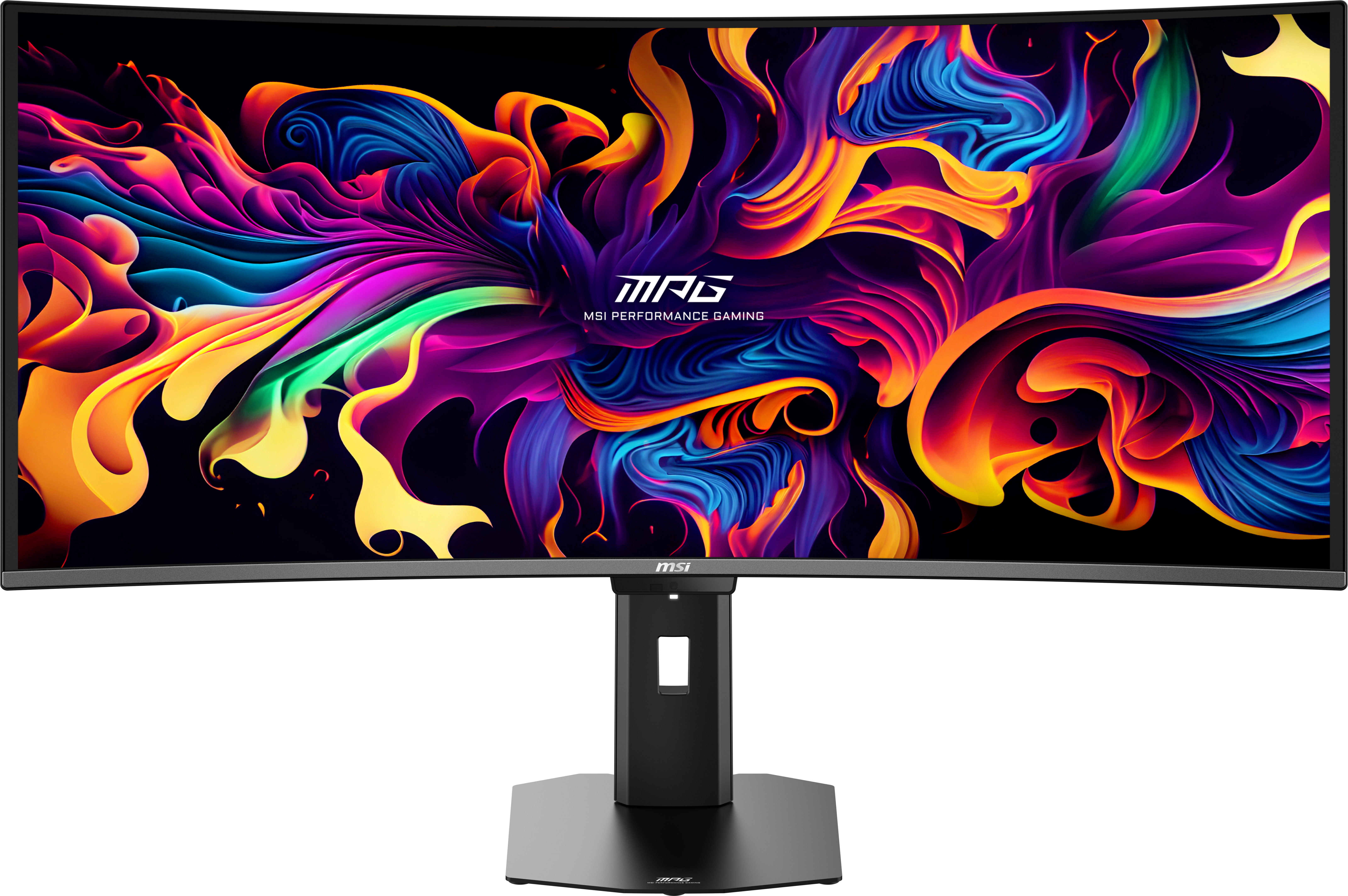 Un monitor da gioco MSI curvo mostra un motivo a onde astratte colorate sullo schermo.