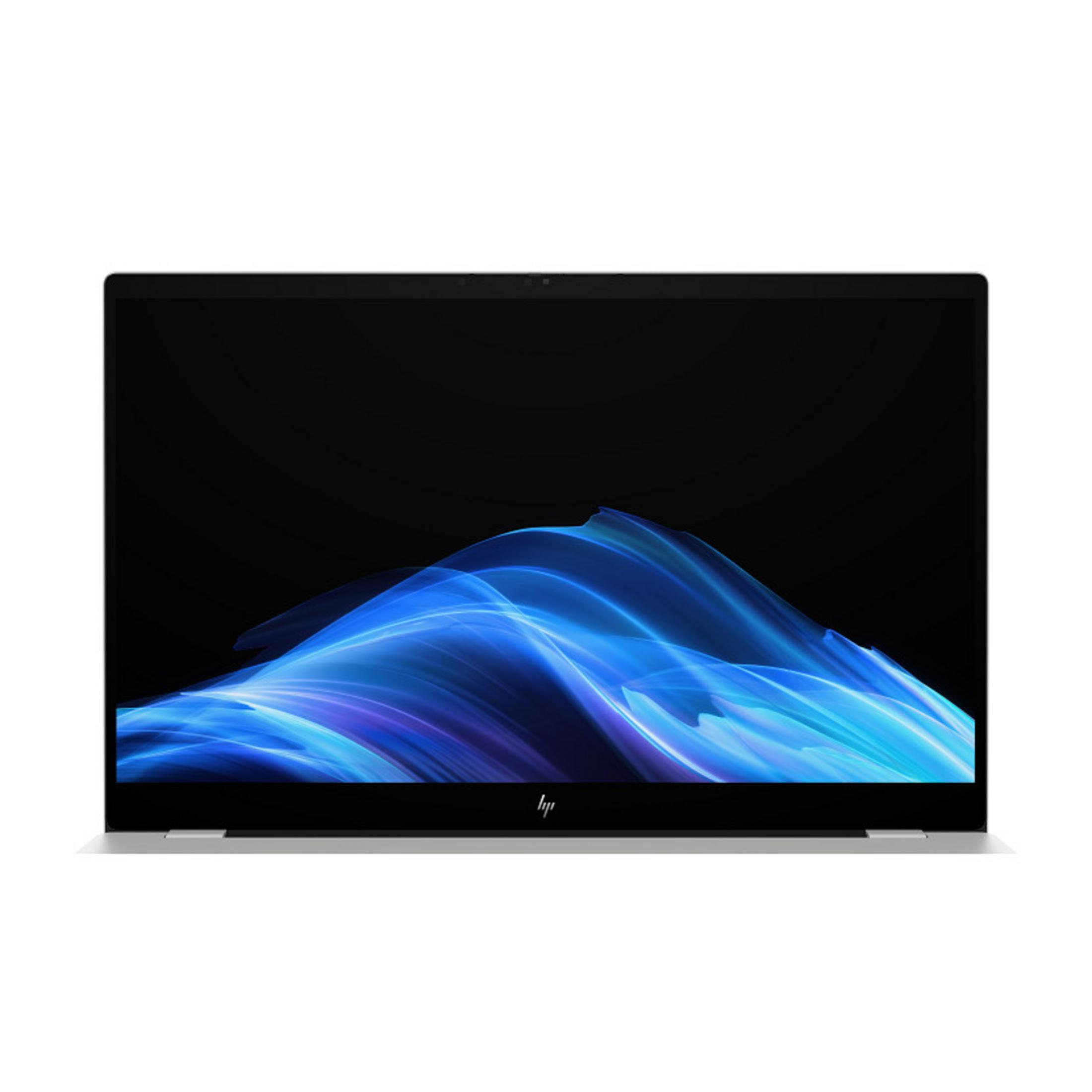 Laptop z żywym, niebieskim abstrakcyjnym tłem falistym na ekranie.