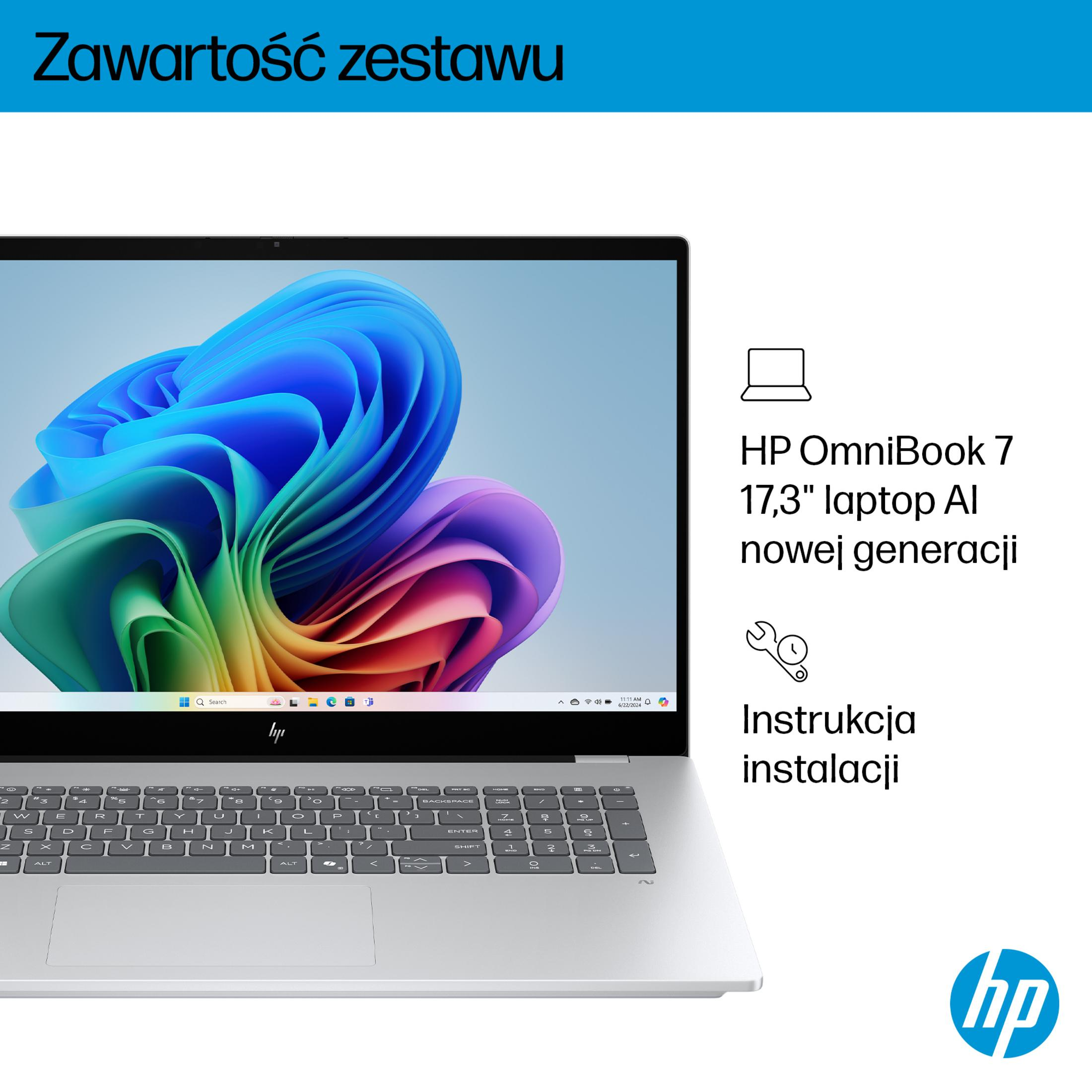Laptop HP OmniBook 7 z kolorowymi falami na ekranie i instrukcją instalacji.