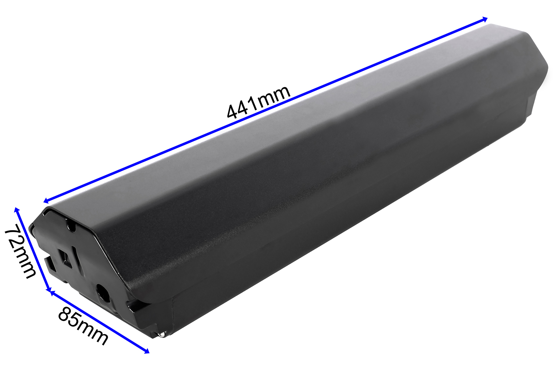 Länglicher schwarzer Akku mit blauen Bemaßungslinien von 441mm, 85mm und 72mm.