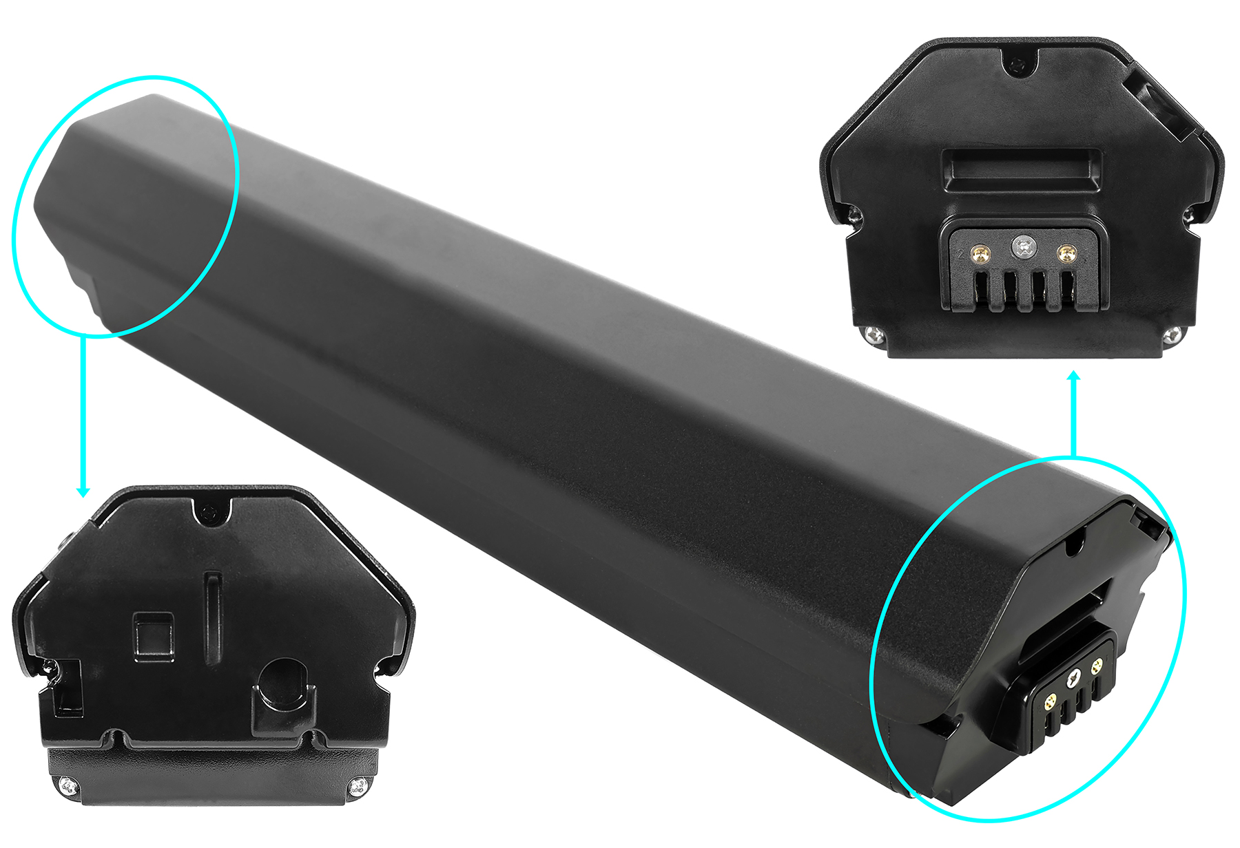 Schwarze e-Bike-Batterie mit Endkappen und Anschlüssen in Detailansichten.